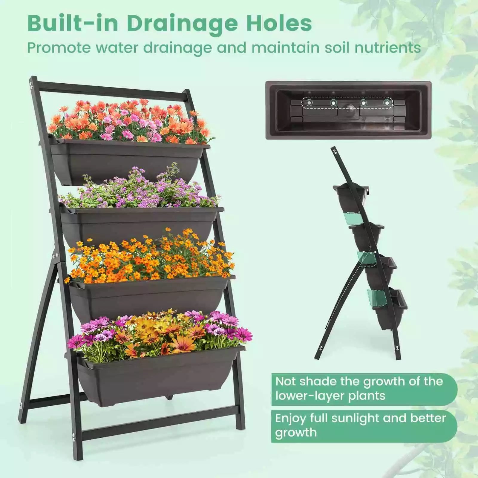 124cm 4-Tier Elevated Planter Box with Drainage Holes for Flowers Herbs Garden