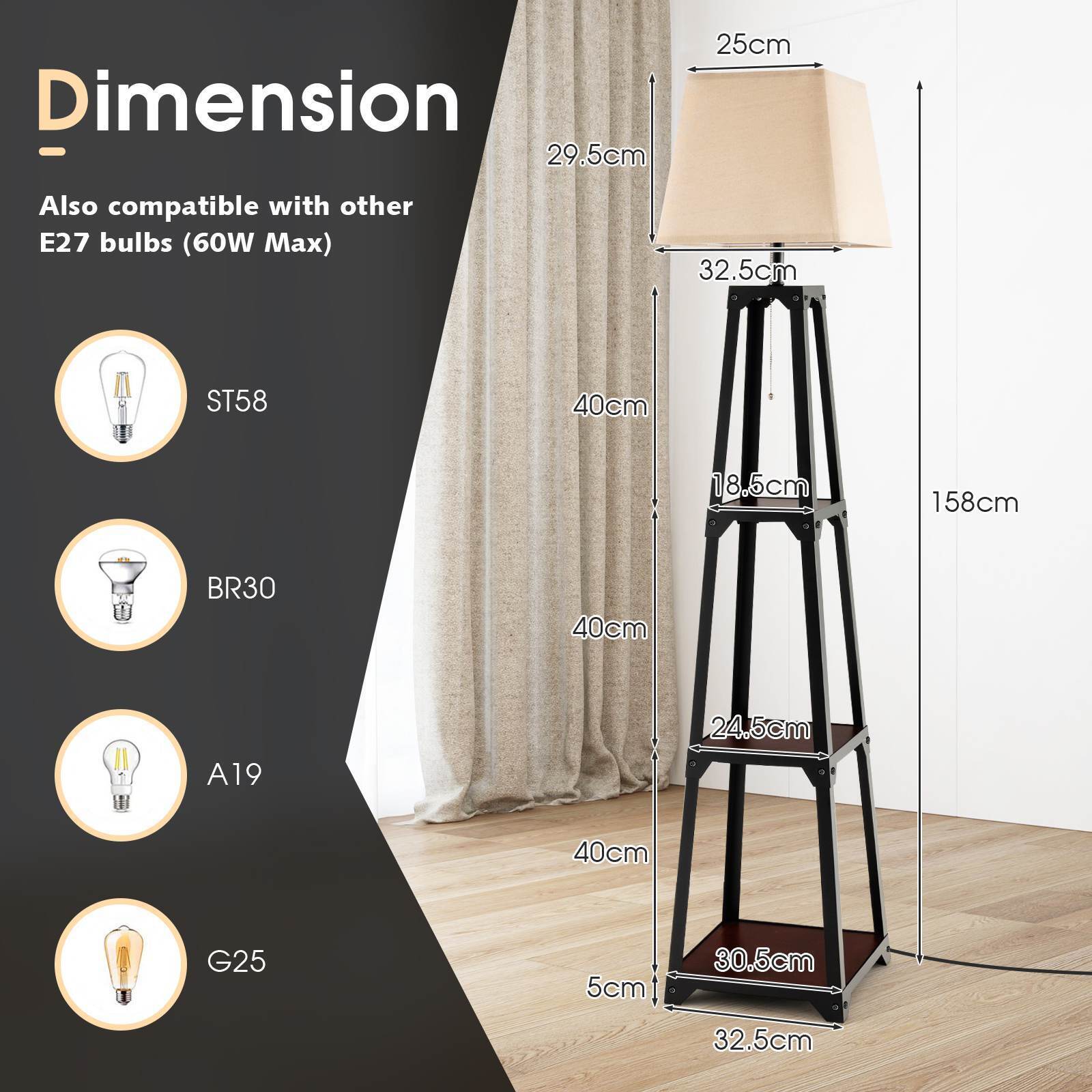 Trapezoidal Designed Floor Lamp, 3 Tiered Storage Lamps, Shelf Floor Lamp