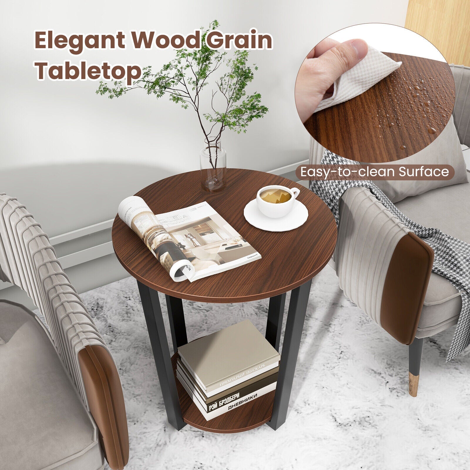 2-Tier Round End Table Side Table w/ Open Shelf Accent Nightstand Bedside Table