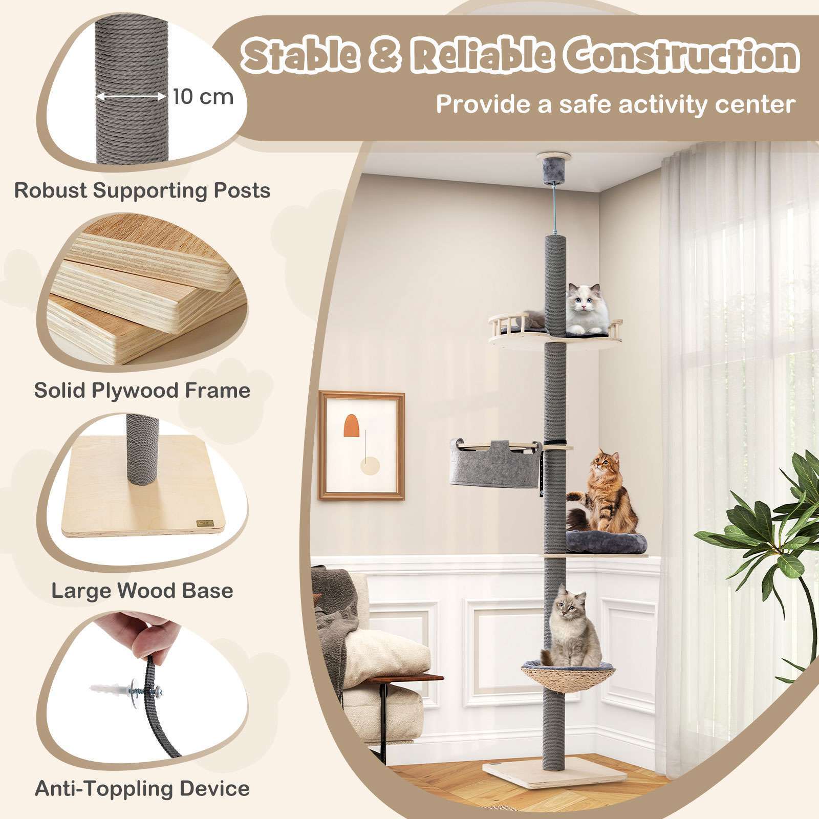 2.3-2.7m Adjustable Cat Tree Tower Scratching Post Floor to Ceiling Cando House