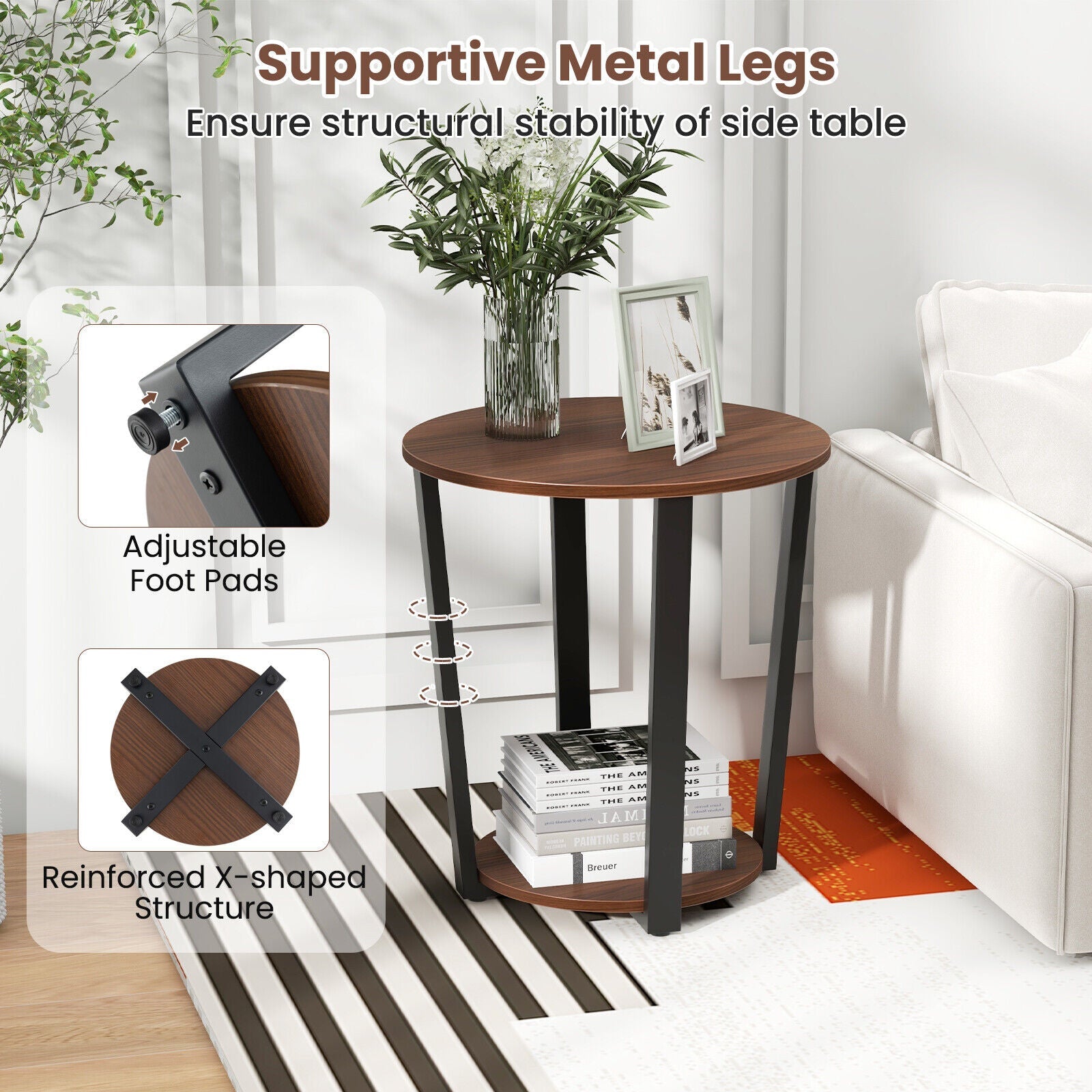 2-Tier Round End Table Side Table w/ Open Shelf Accent Nightstand Bedside Table