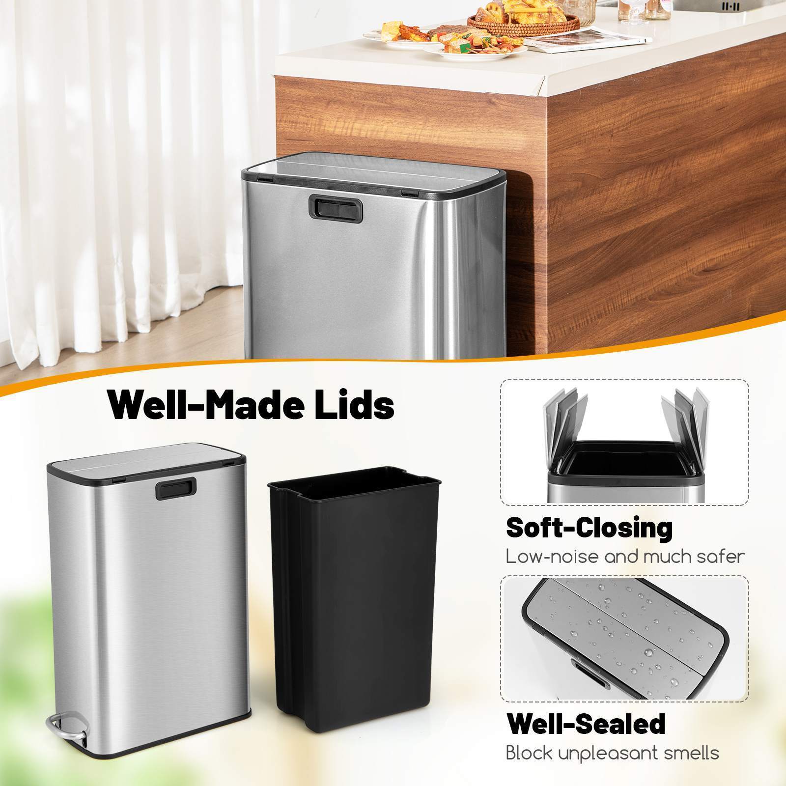46L Stainless Steel Trash Can Kitchen Waste Bin Slim Step Garbage Can Dustbin