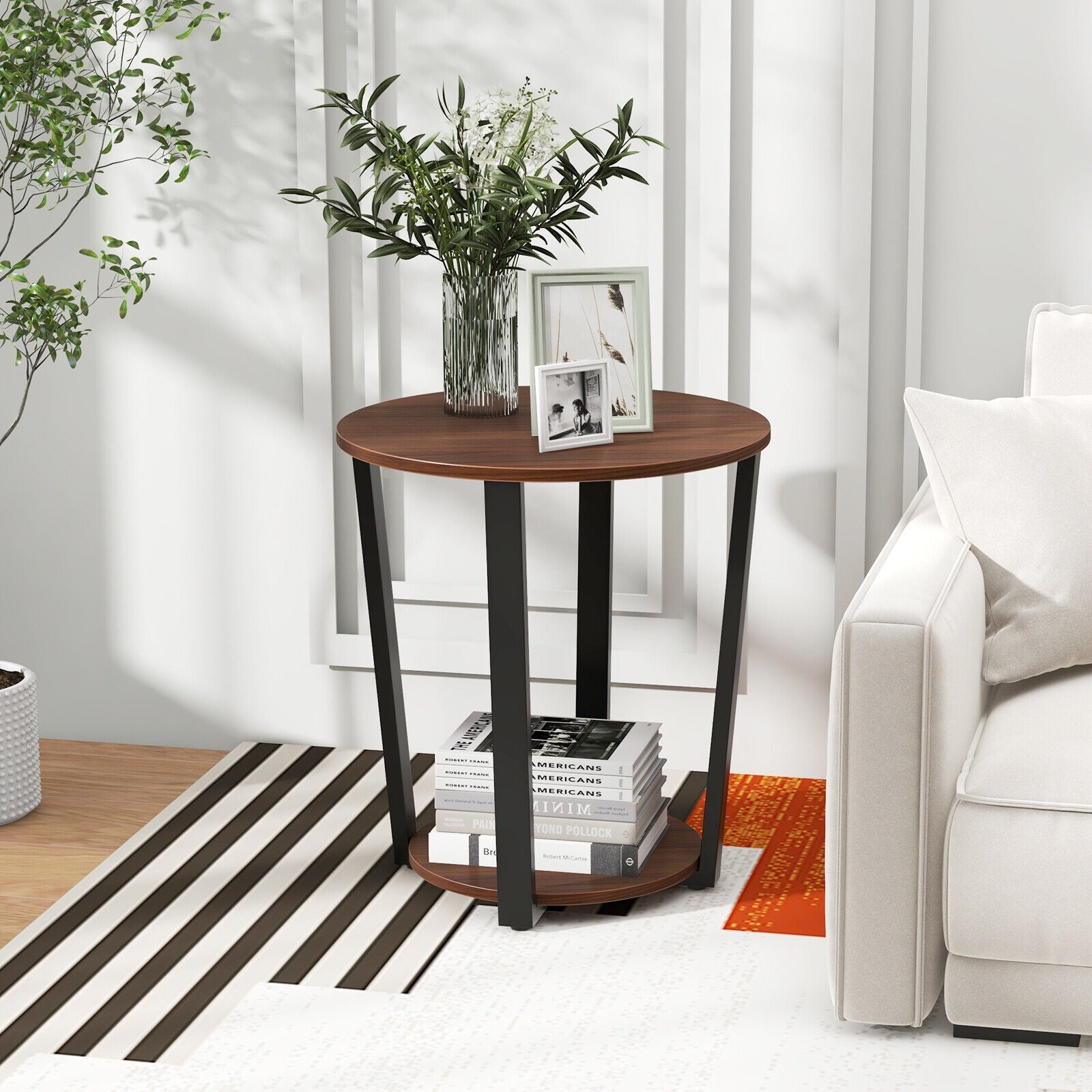 2-Tier Round End Table Side Table w/ Open Shelf Accent Nightstand Bedside Table