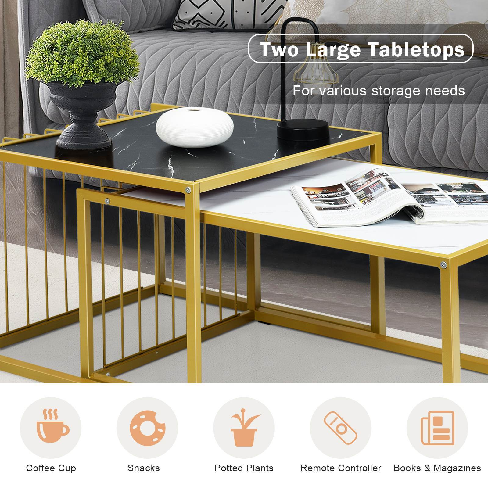Nesting Table Stackable Coffee Table Set Faux Marble Tabletop Free Combination