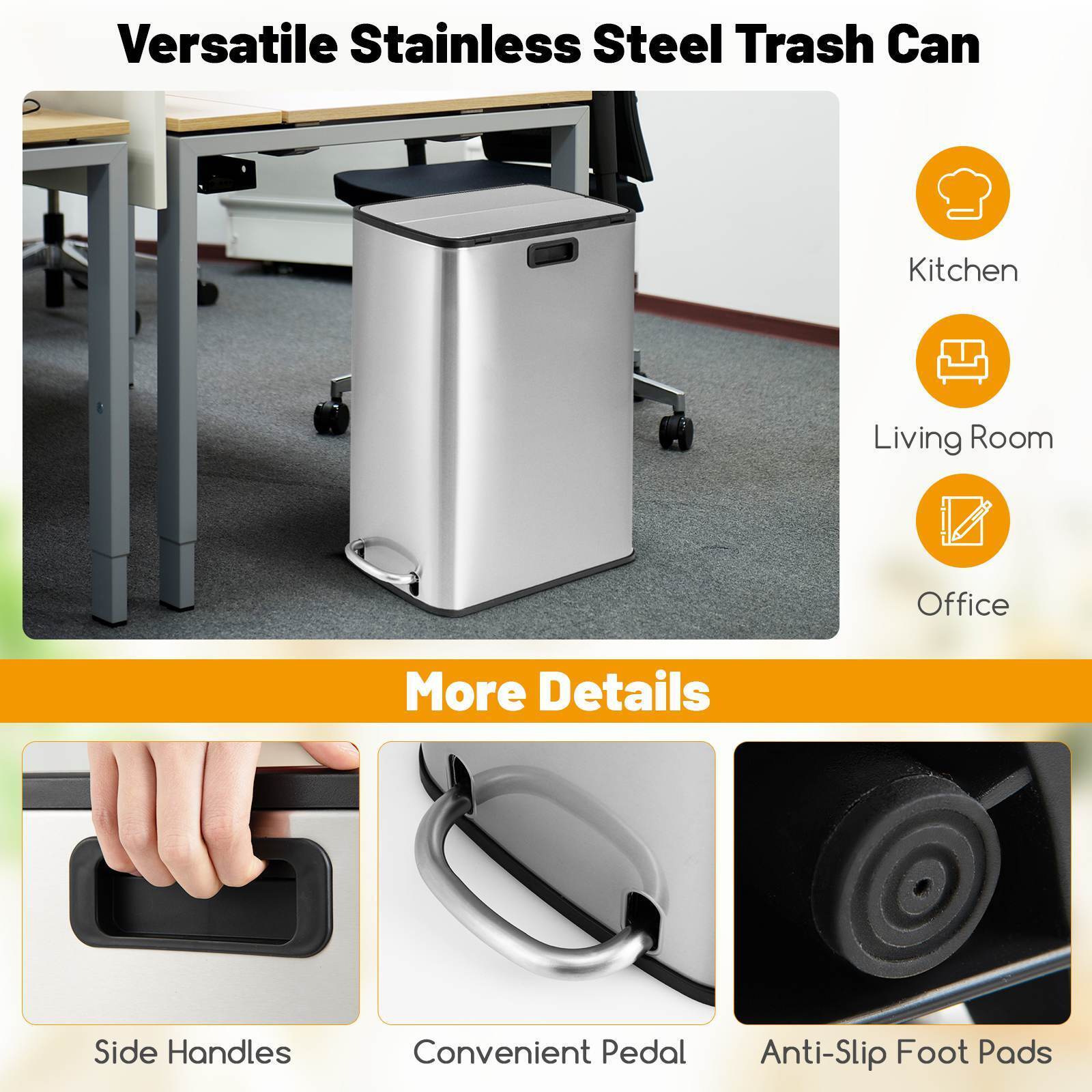 46L Stainless Steel Trash Can Kitchen Waste Bin Slim Step Garbage Can Dustbin