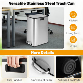 46L Stainless Steel Trash Can Kitchen Waste Bin Slim Step Garbage Can Dustbin