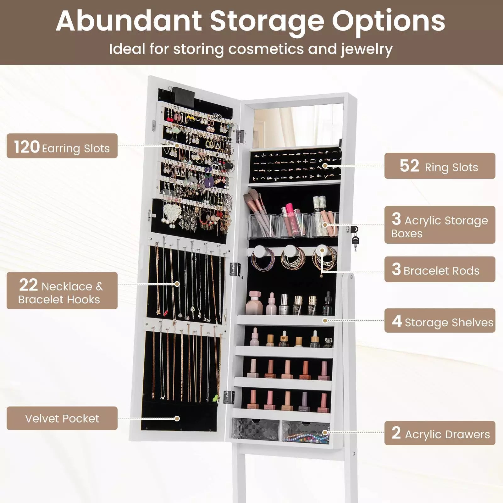 Mirror Jewelry Cabinet Standing Jewelry Armoire Organizer w/ Full Length Mirror