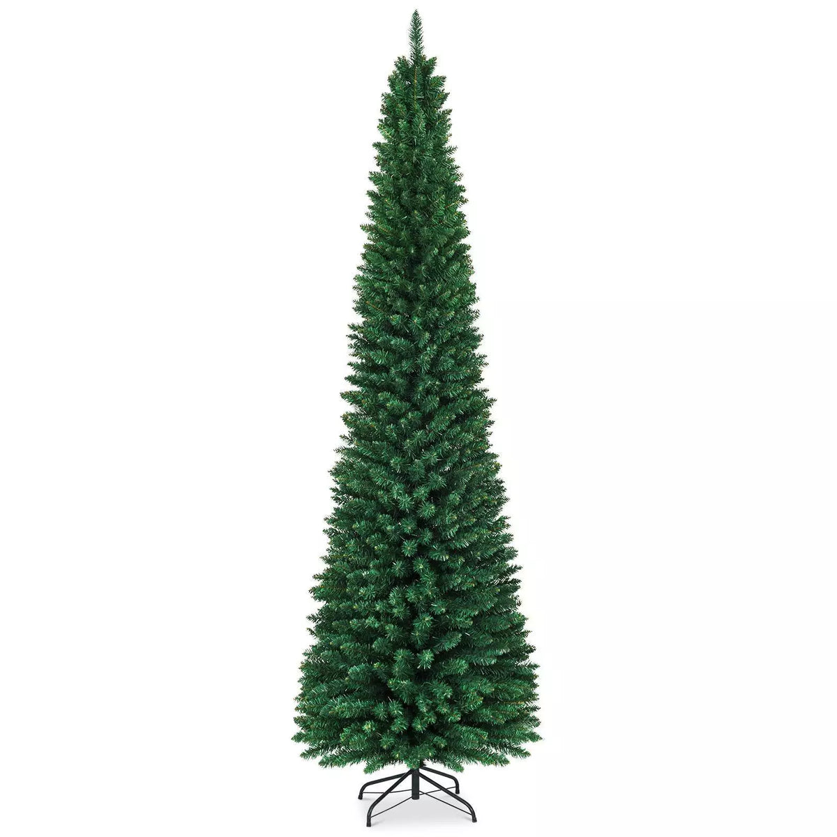 1.5/1.8/2.1/2.4/2.7 M Green Pencil Christmas Tree with 400 PVC Branch Tips and Foldable Sturdy Metal Stand