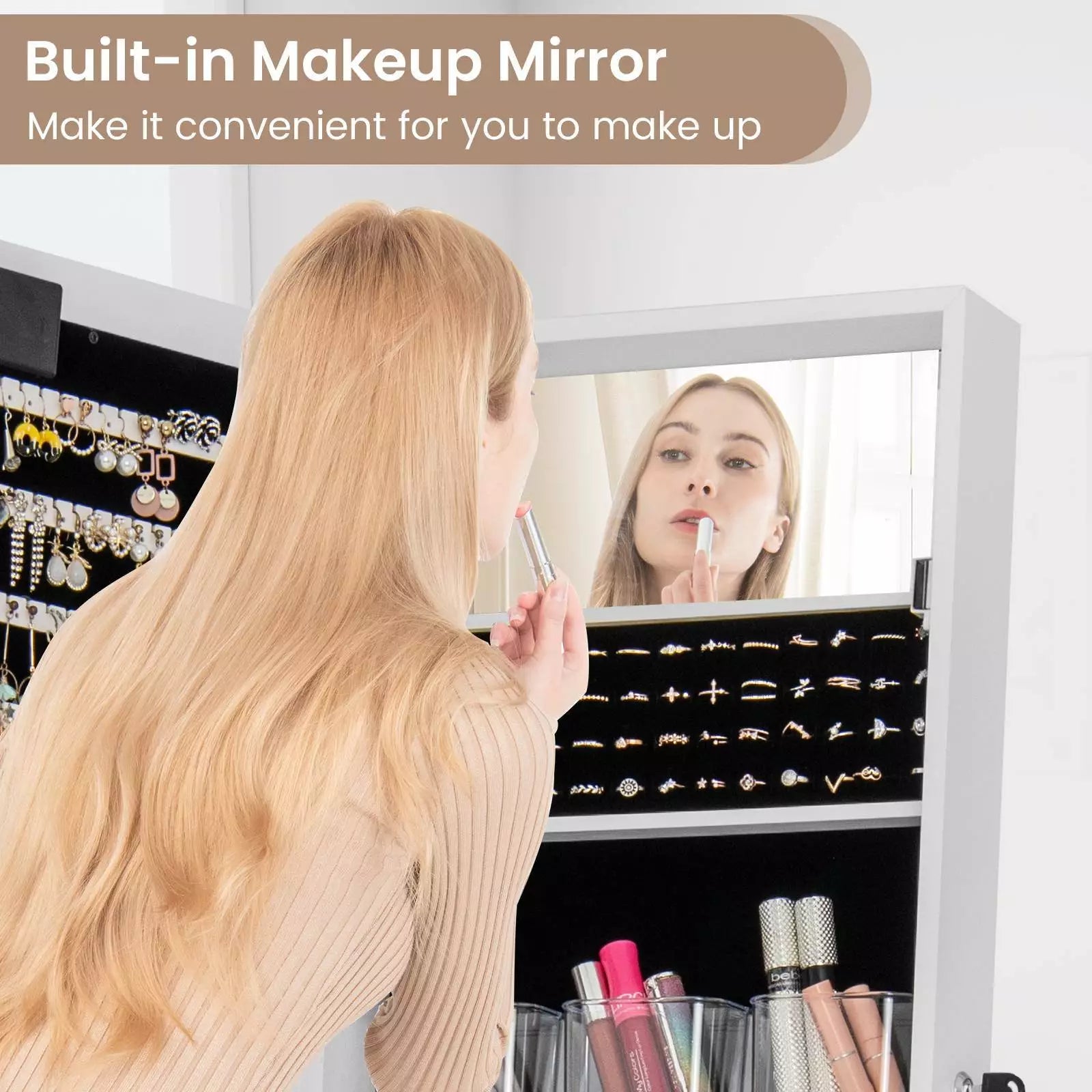 Mirror Jewelry Cabinet Standing Jewelry Armoire Organizer w/ Full Length Mirror