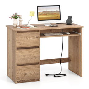 Computer Desk w/ Power Outlet Ketboard Tray & Drawers Workstation Home Office