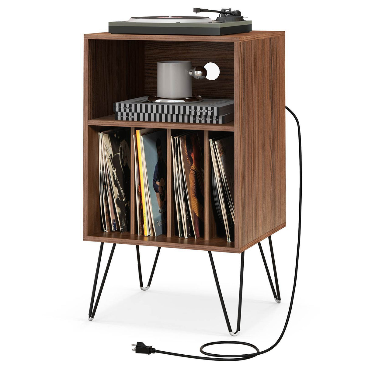 Record Player Stand w/Charging Station Turnable Nightstand Vinyl Storage Cabinet