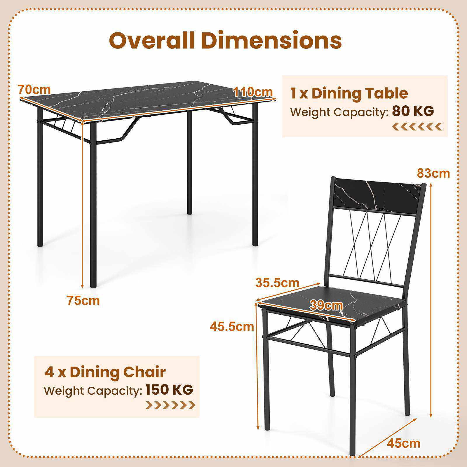 5Pcs Dining Table & Chair Set for 4 Kitchen Dining Room Furniture Dinette Set
