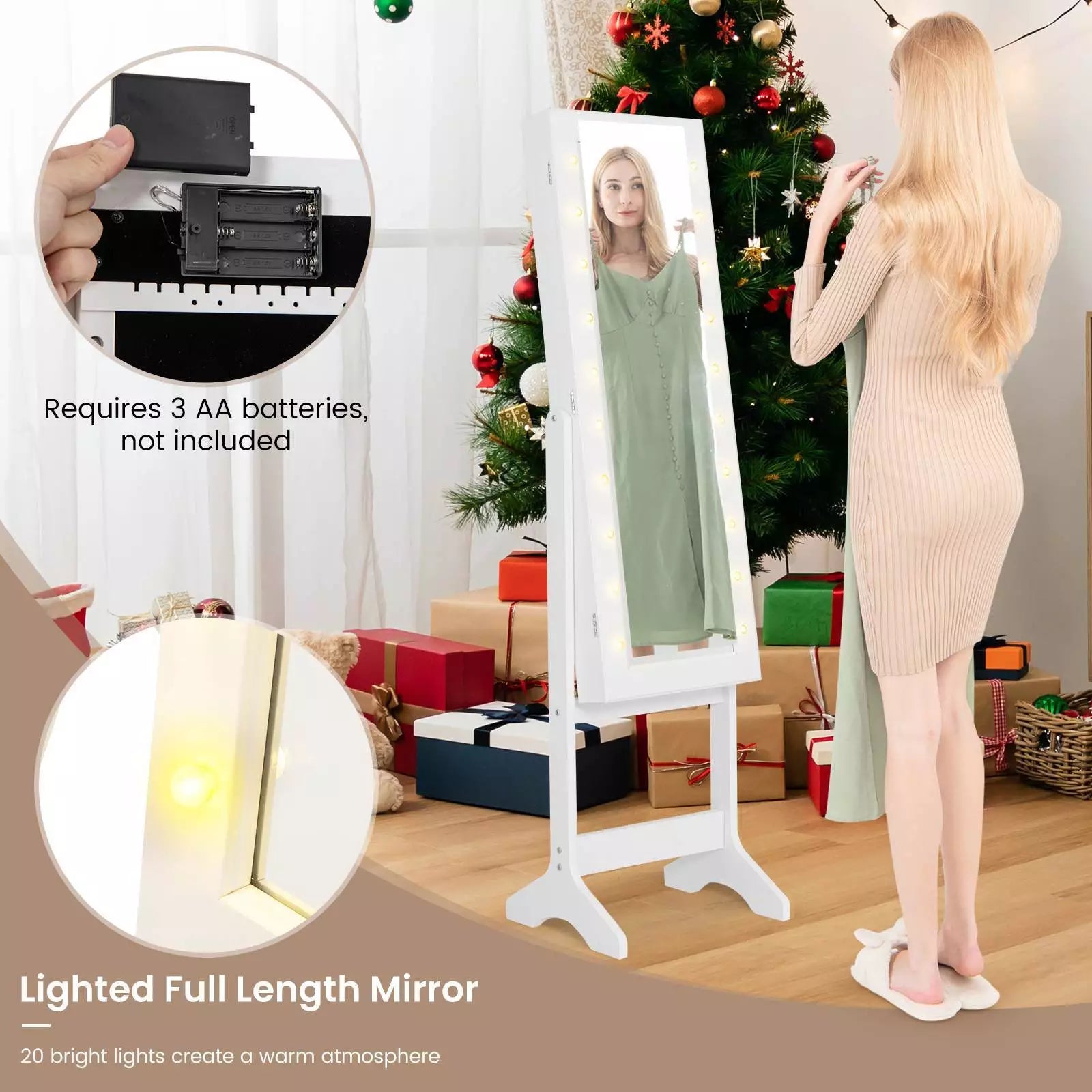 Mirror Jewelry Cabinet Standing Jewelry Armoire Organizer w/ Full Length Mirror