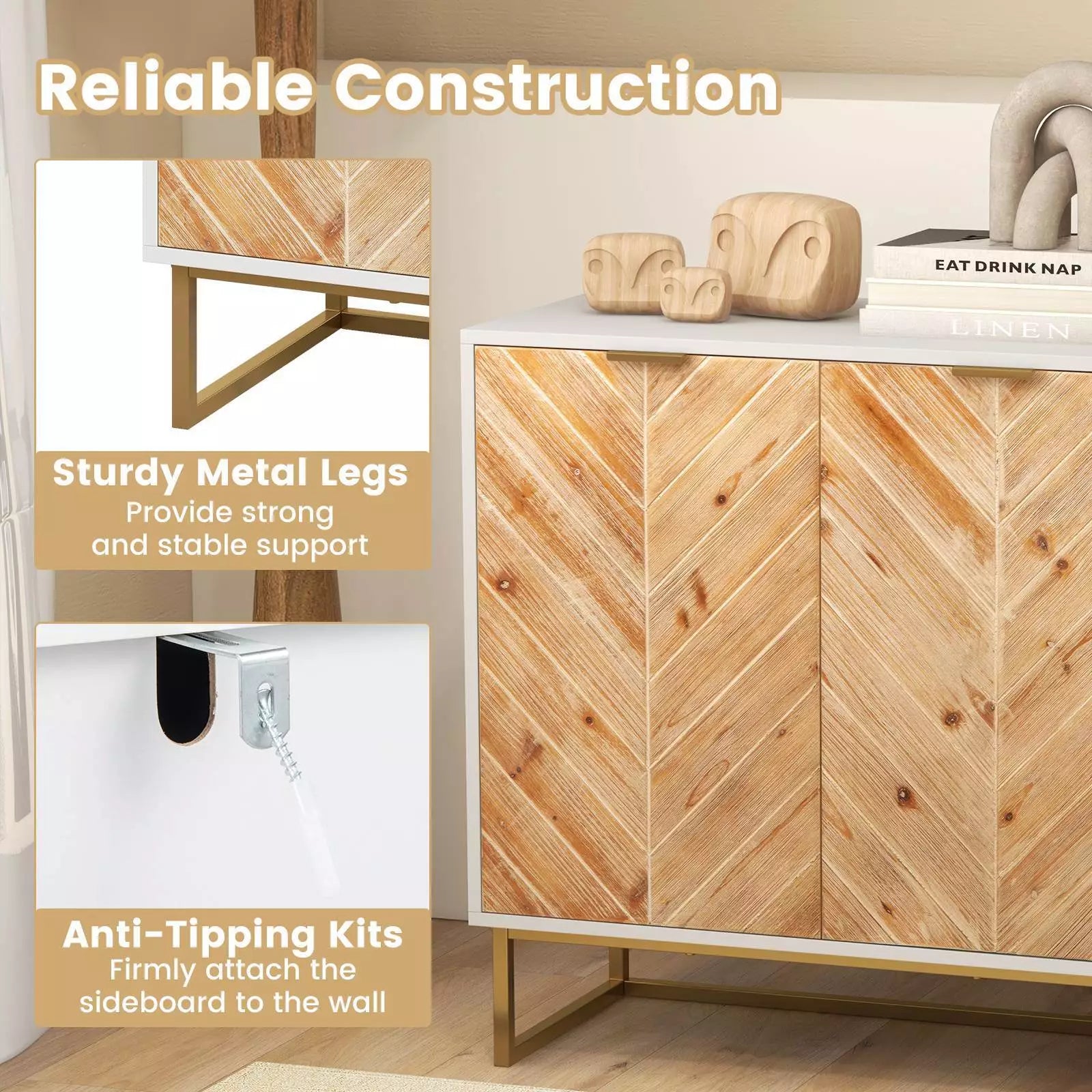Sideboard Buffet Cabinet 2-Door Accent Storage Cabinet w/ Shelf & Metal Legs