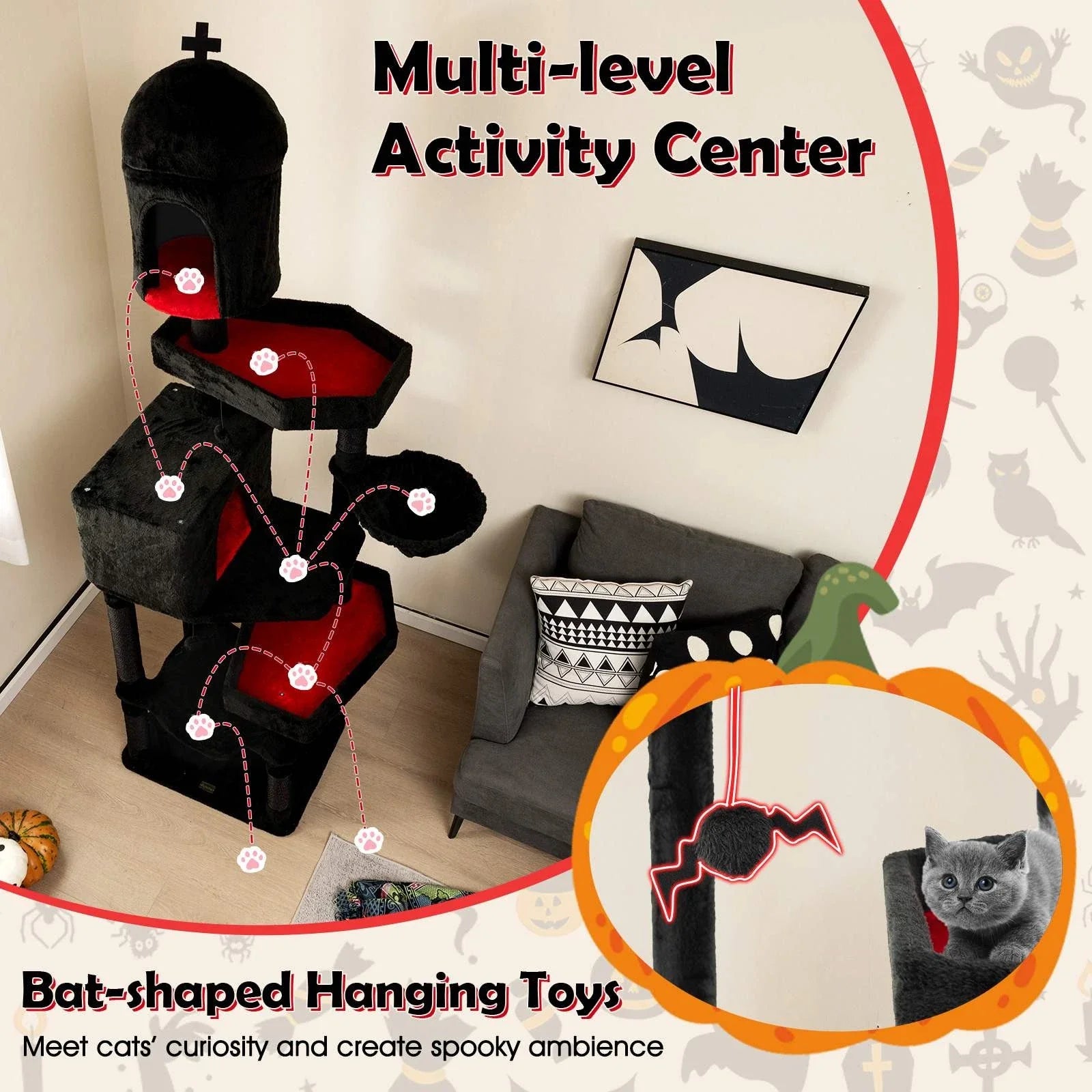 Gothic Cat Tree Indoor Extra Large Cat Tower w/ 2 Cat Condos & Scratching Posts