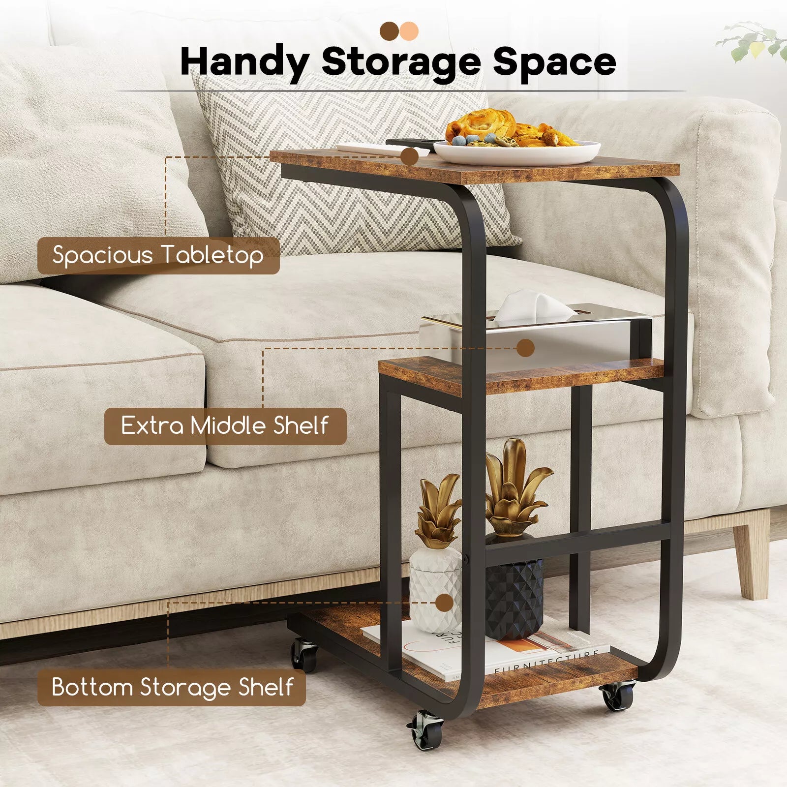 C-Shaped End Table Industrial Sofa Side Table Couch Table w/ Open Shelves