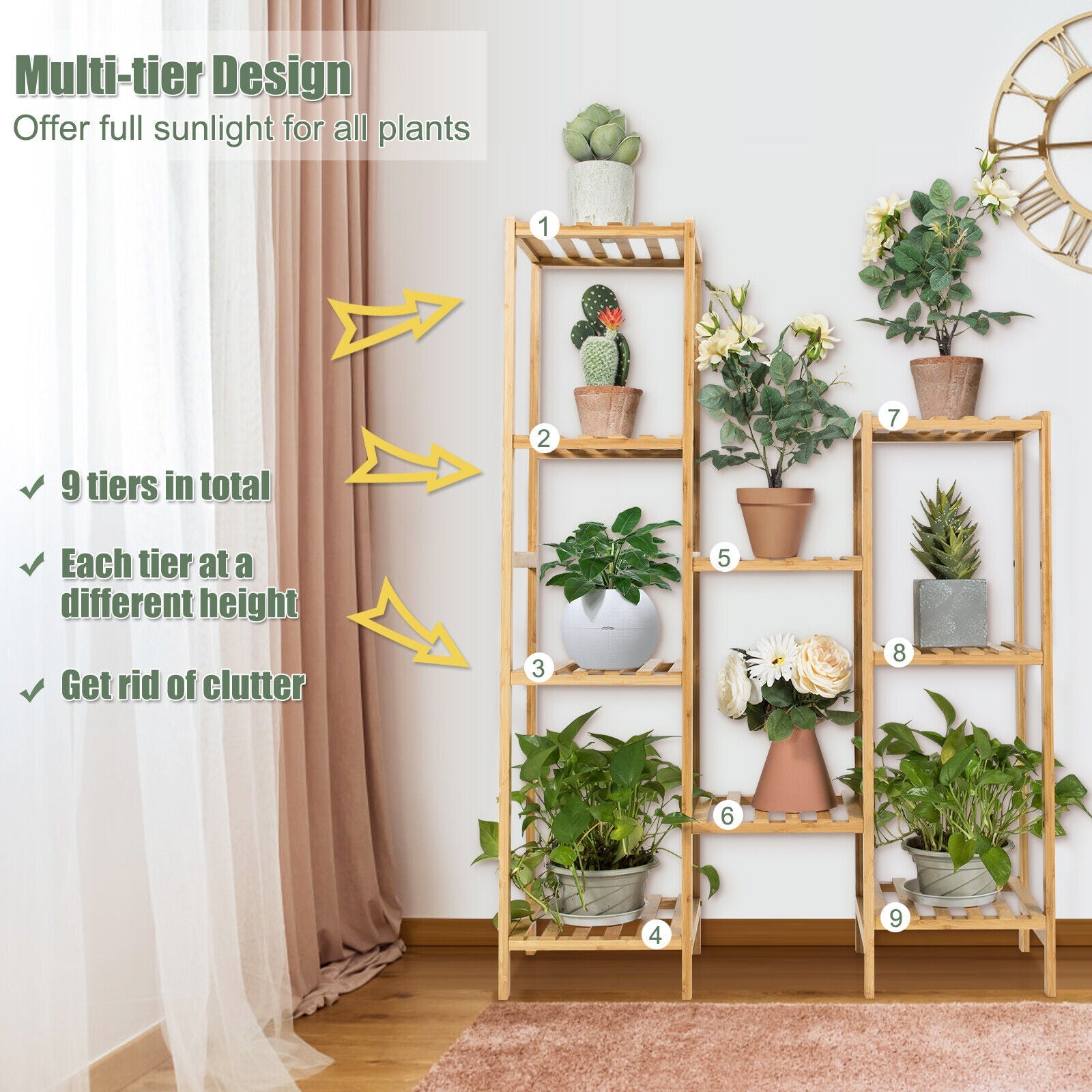 9-tier Wood Plant Stand Flower Pot Display Shelf Rack Living Room Patio