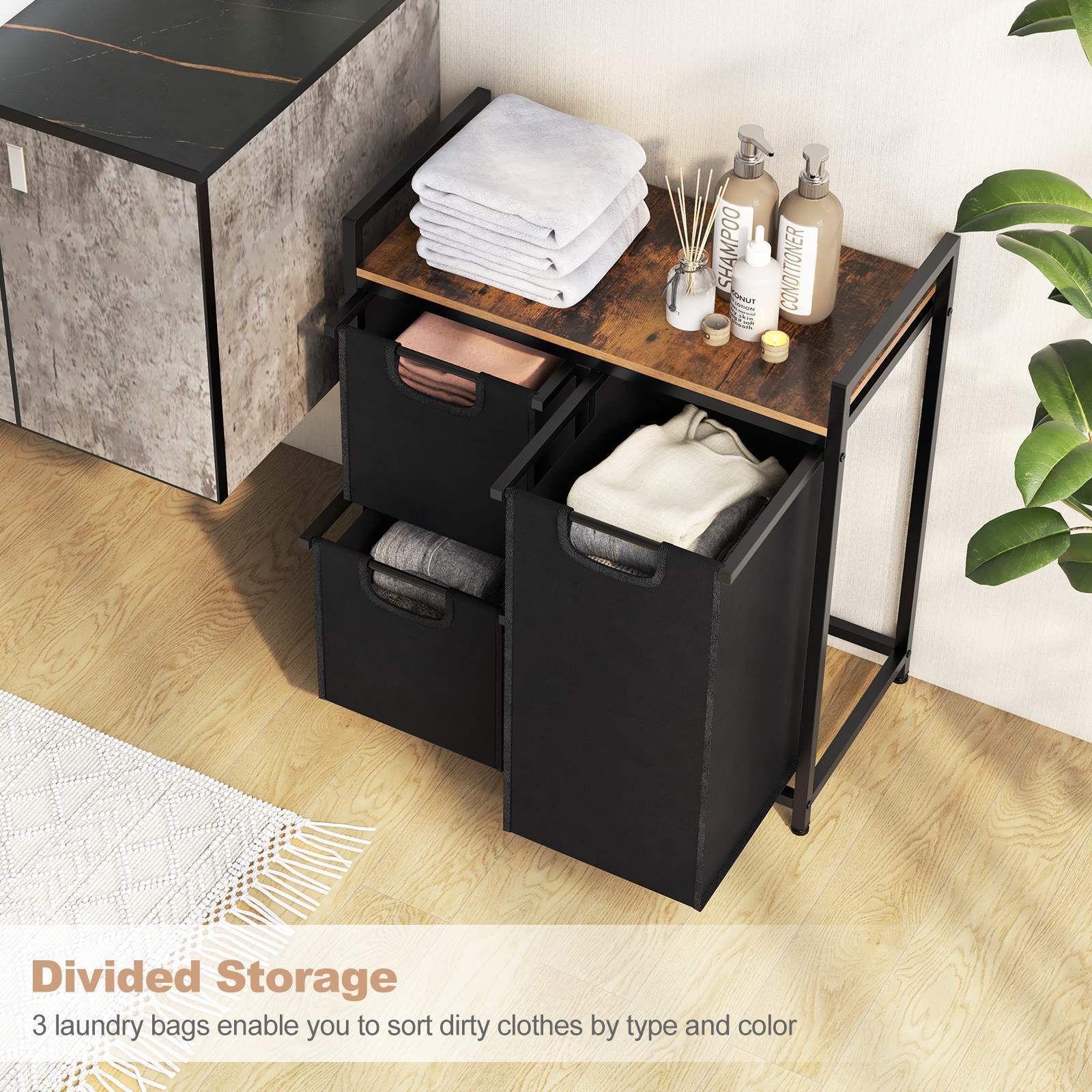 Laundry Hamper Basket Organizer w/ 3 Pull-out Removable Bags Countertop Bathroom