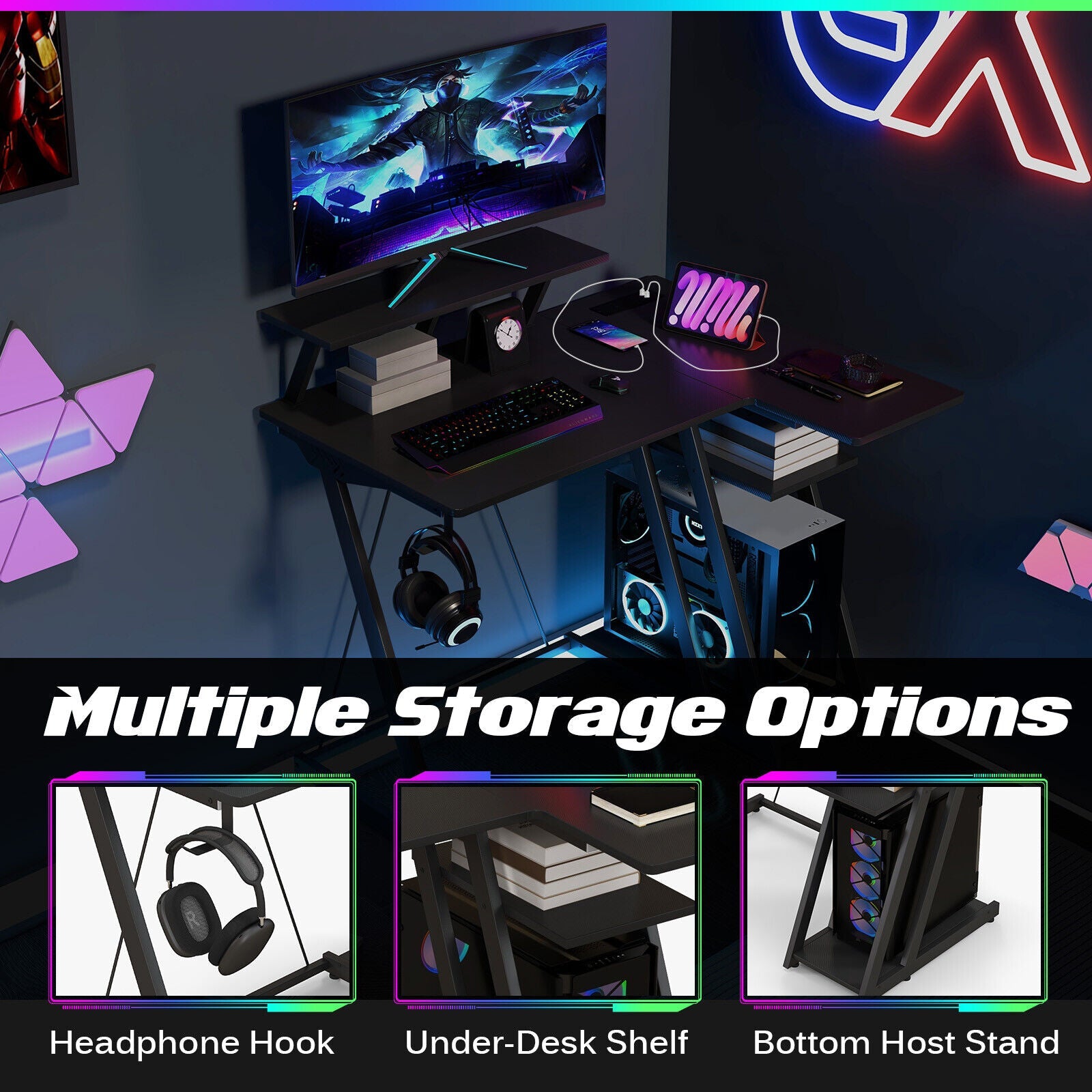 L Shaped Gaming Desk with Outlets & USB Ports Monitor Shelf Headphone Hook