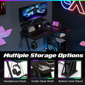 L Shaped Gaming Desk with Outlets & USB Ports Monitor Shelf Headphone Hook