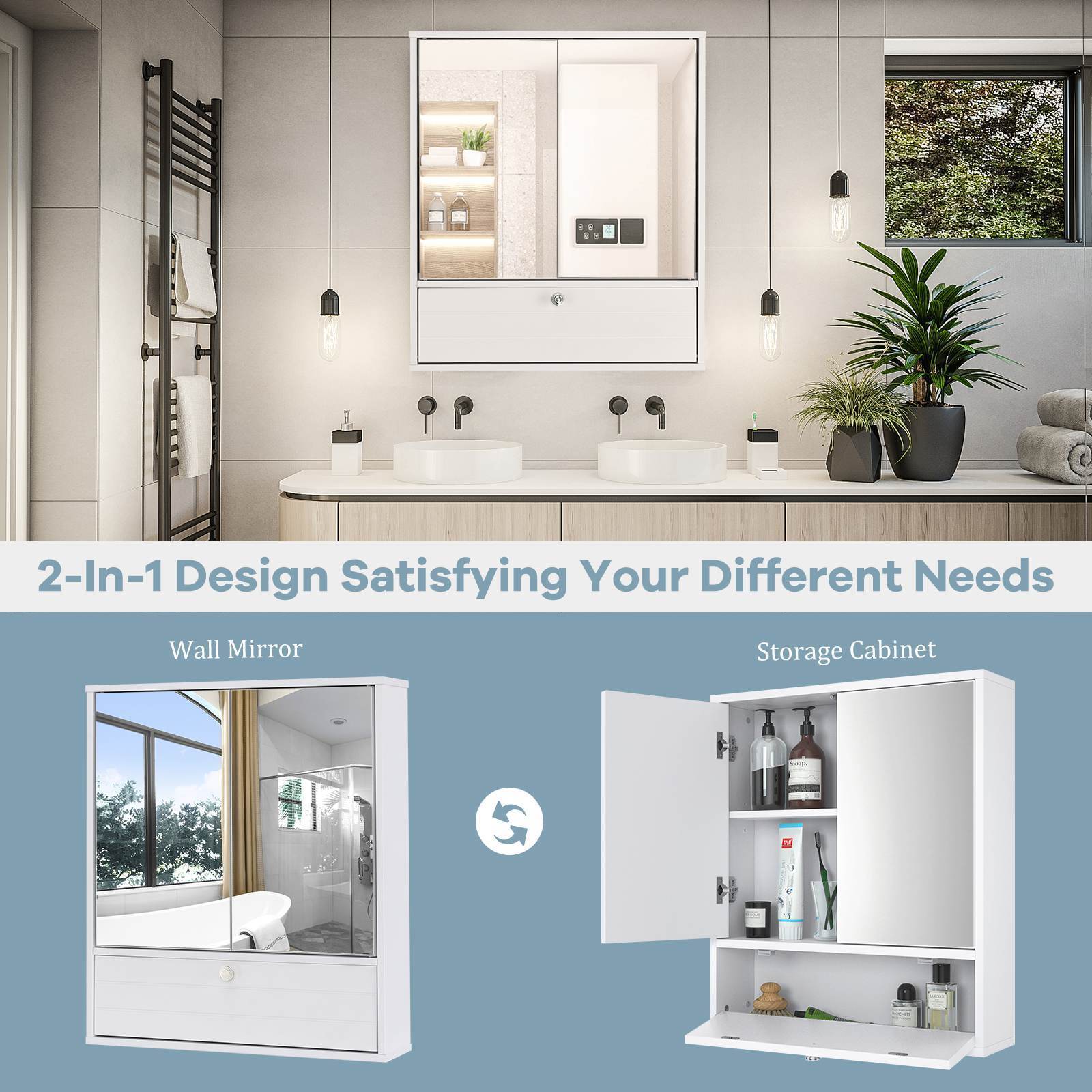 Wall-Mounted Bathroom Medicine Storage Cabinet w/Mirror Adjustable Shelf White