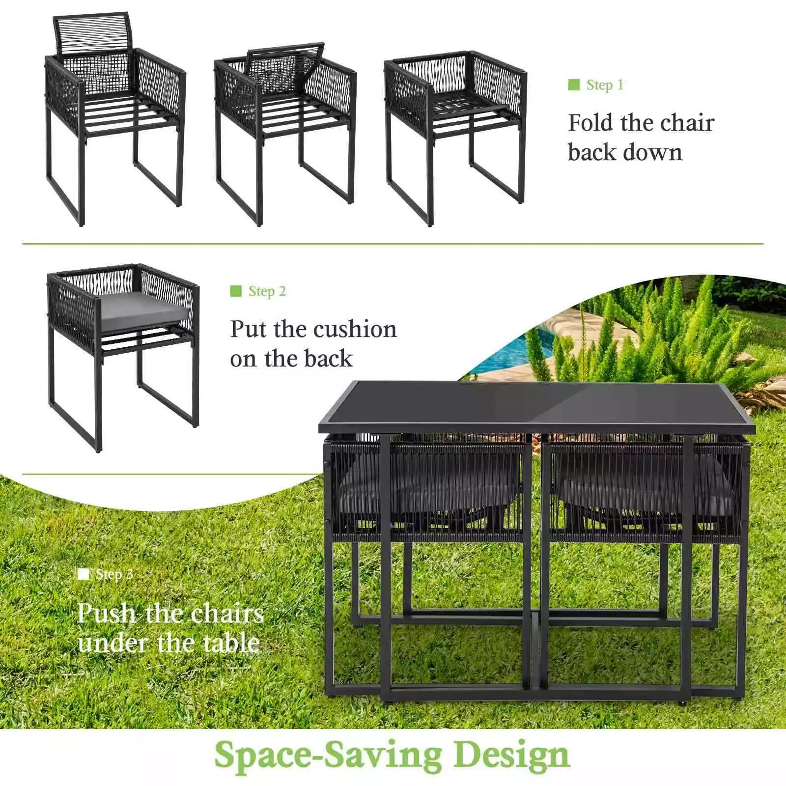 Giantex 3 Pieces Outdoor Dining Set Patio PE Rattan Furniture Set with Folding Backrest