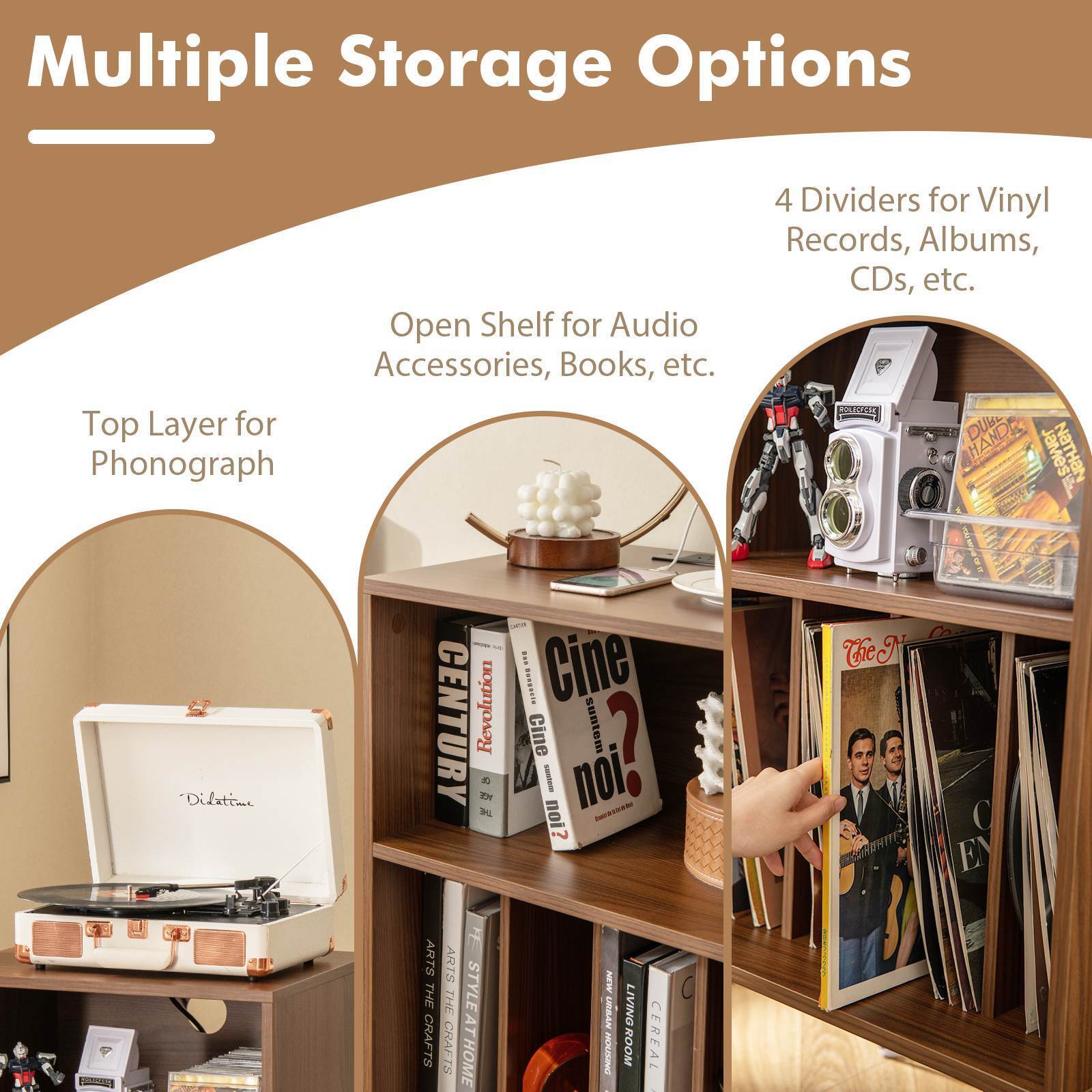 Record Player Stand w/Charging Station Turnable Nightstand Vinyl Storage Cabinet