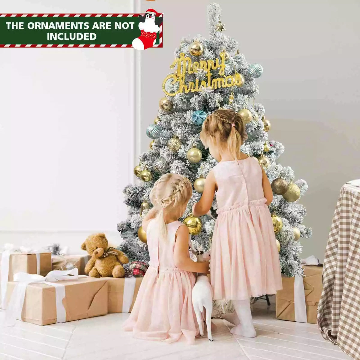 140CM Pre-lit Snow Flocked Christmas Tree Hinged Xmas Decor w/Metal Stand Party
