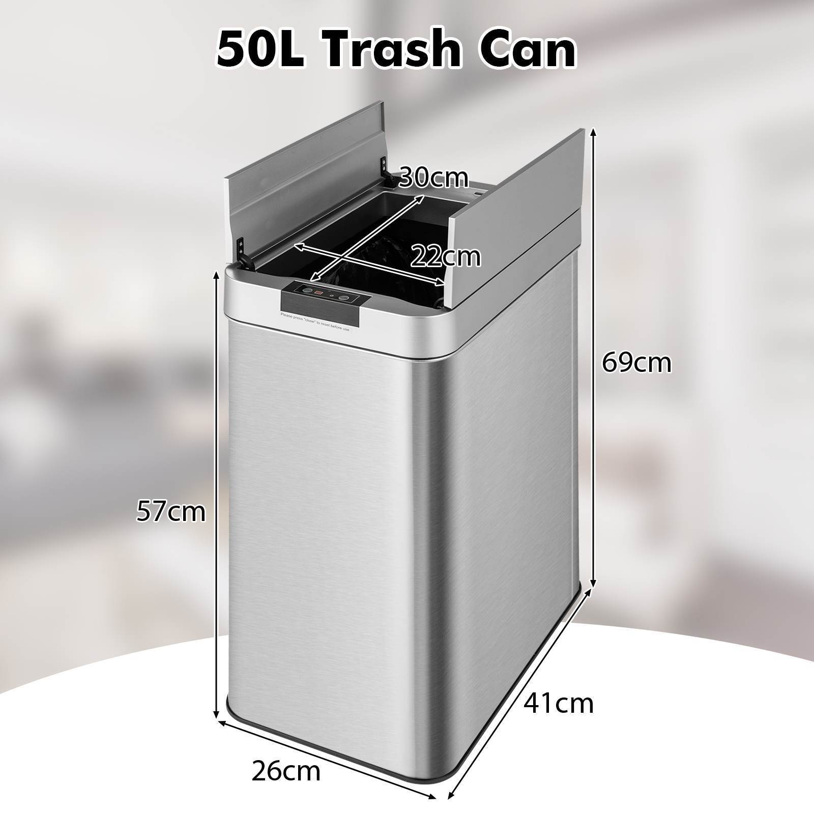50L Slim Kitchen Trash Can w/ Wing Lids Stainless Automatic Sensor Garbage Can