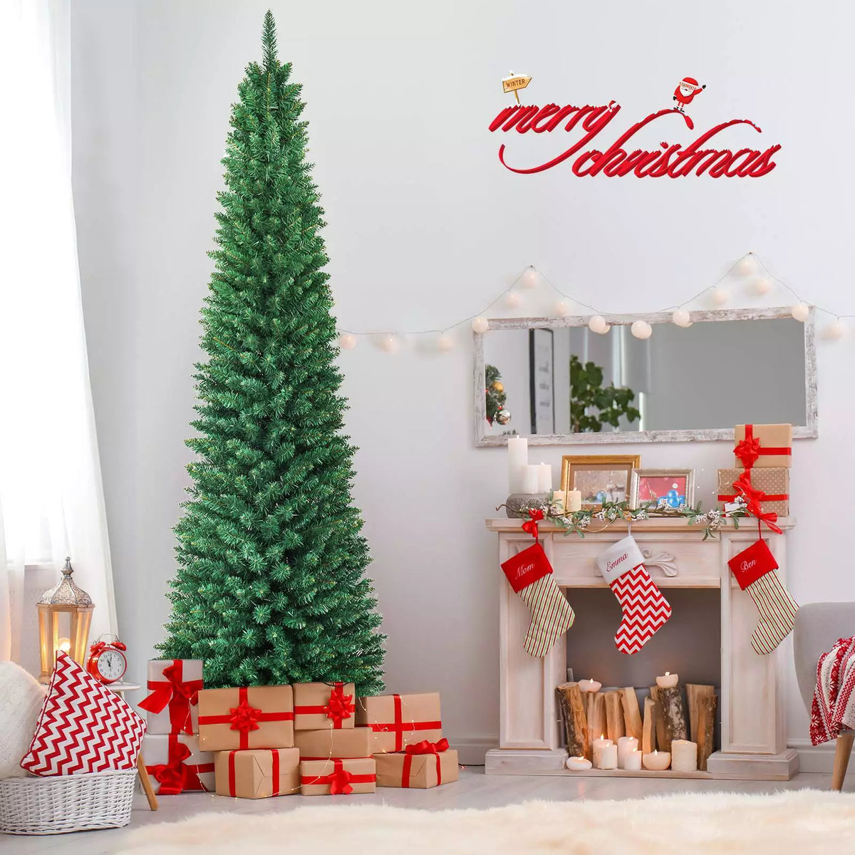 1.5/1.8/2.1/2.4/2.7 M Green Pencil Christmas Tree with 400 PVC Branch Tips and Foldable Sturdy Metal Stand