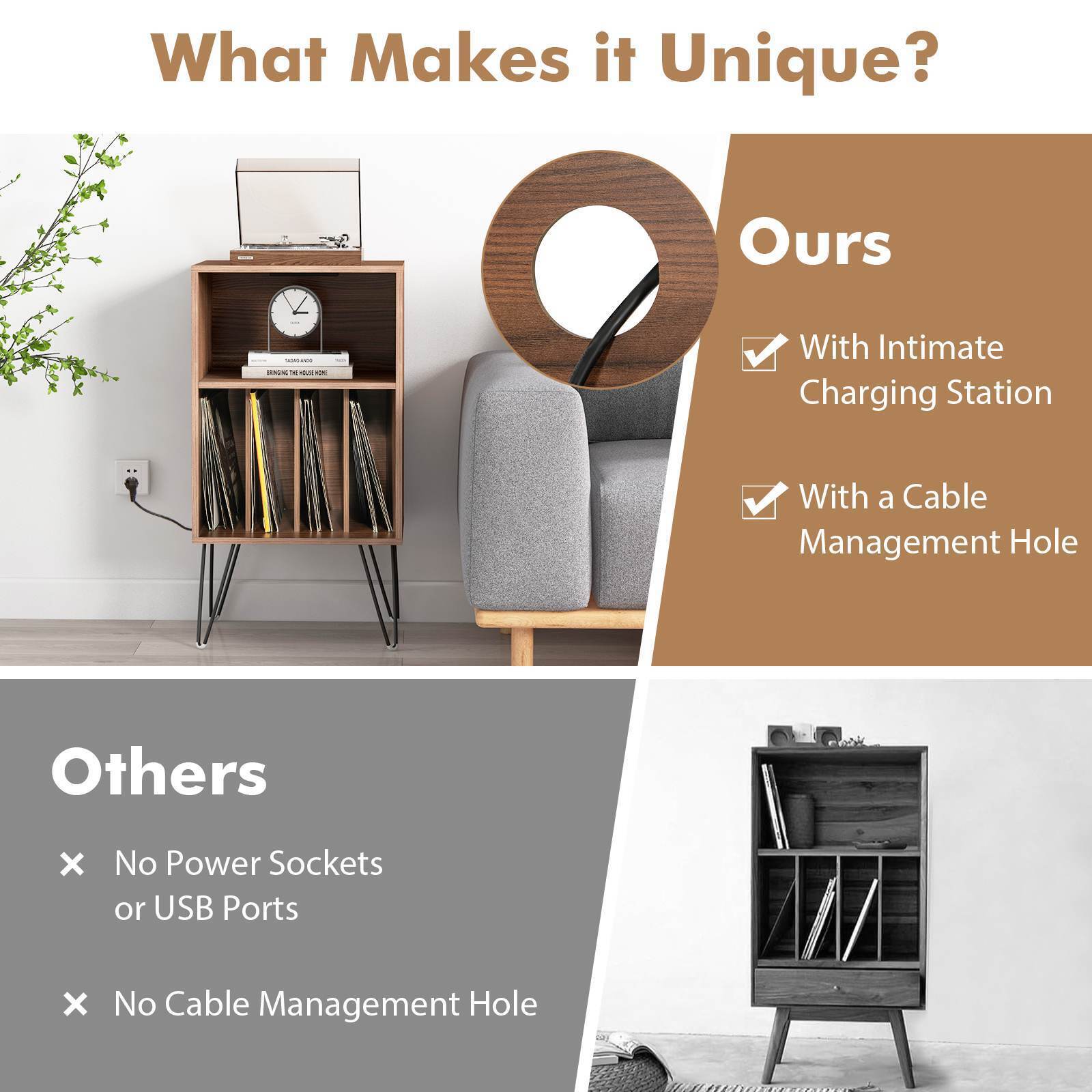 Record Player Stand w/Charging Station Turnable Nightstand Vinyl Storage Cabinet