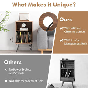Record Player Stand w/Charging Station Turnable Nightstand Vinyl Storage Cabinet