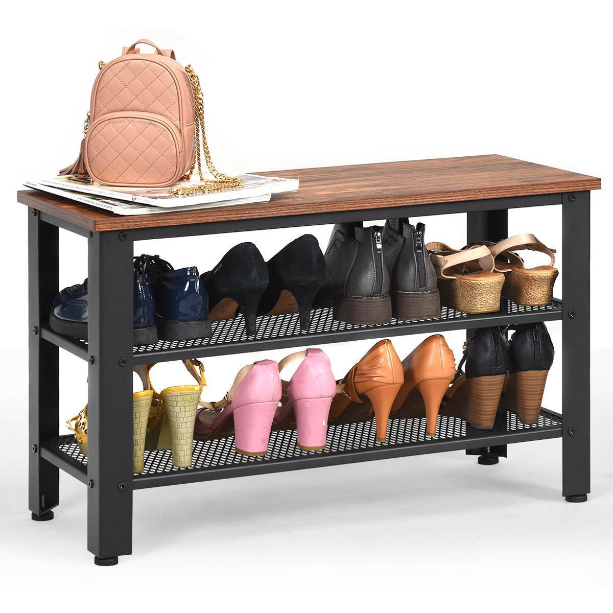 3-Tier Shoe Rack Storage Organizer w/ Wood Board Mesh Shelves Entryway Hallway