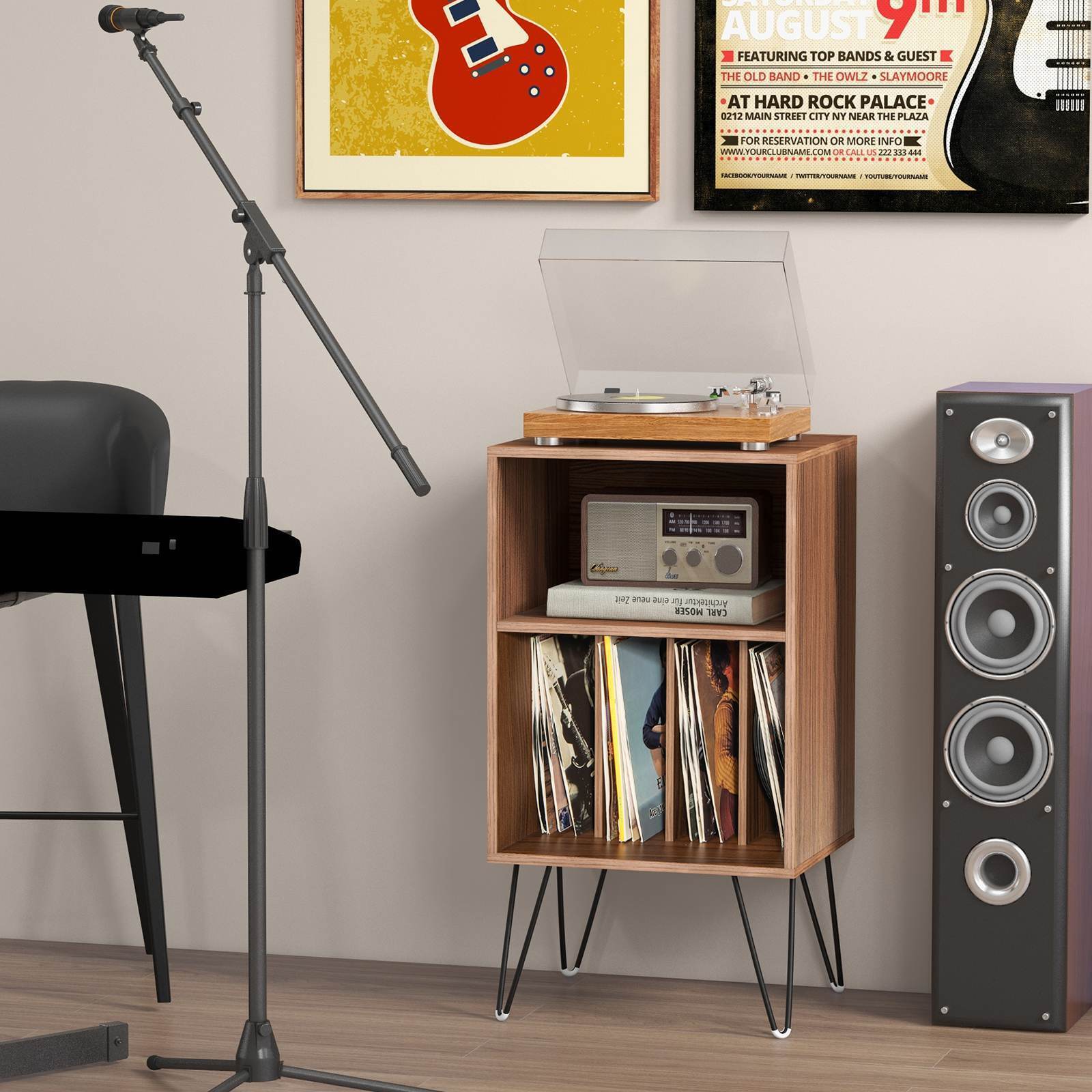 Record Player Stand w/Charging Station Turnable Nightstand Vinyl Storage Cabinet