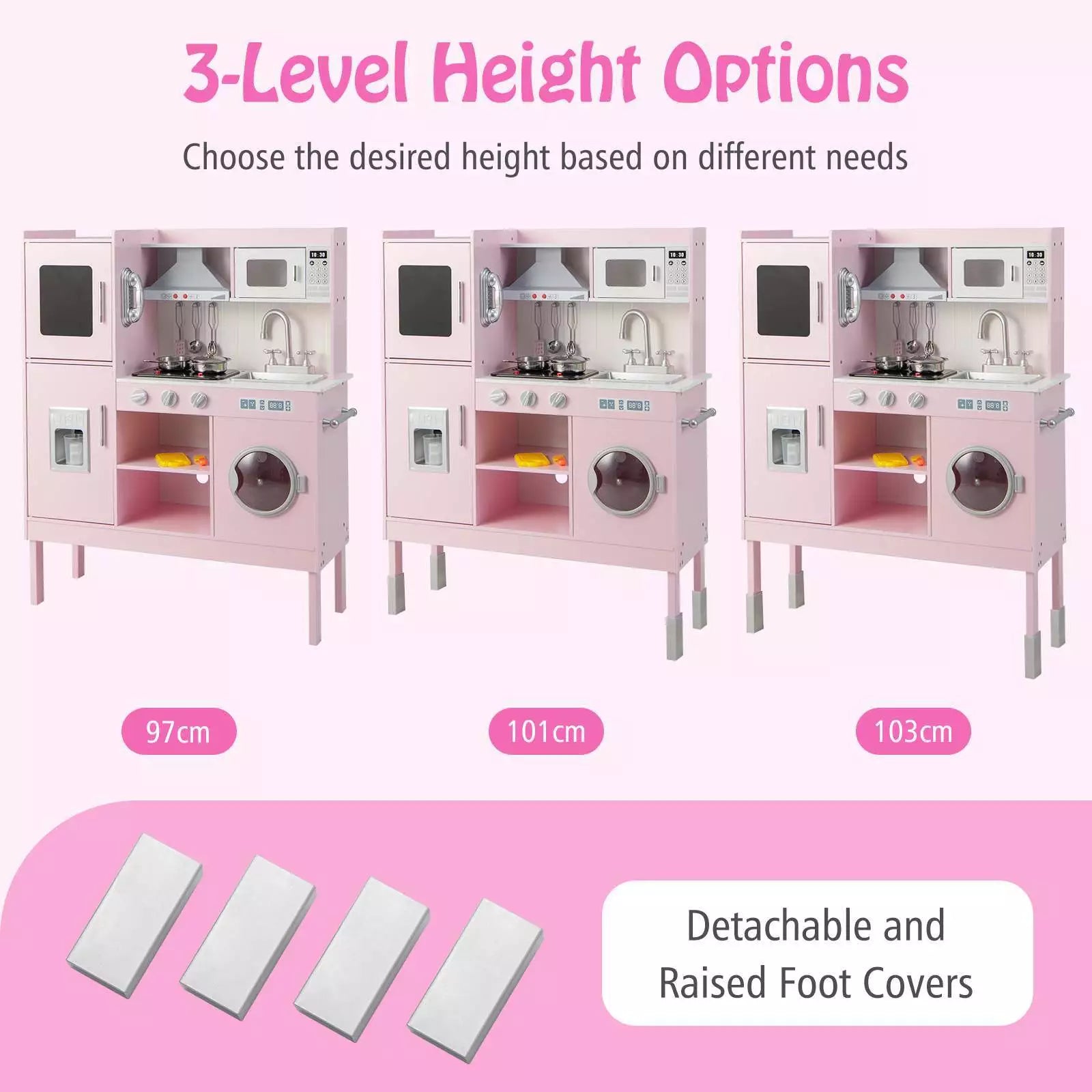 Kids Pretend Play Kitchen Wooden Kitchen Toy Playset w/Real Sounds & Lights Pink