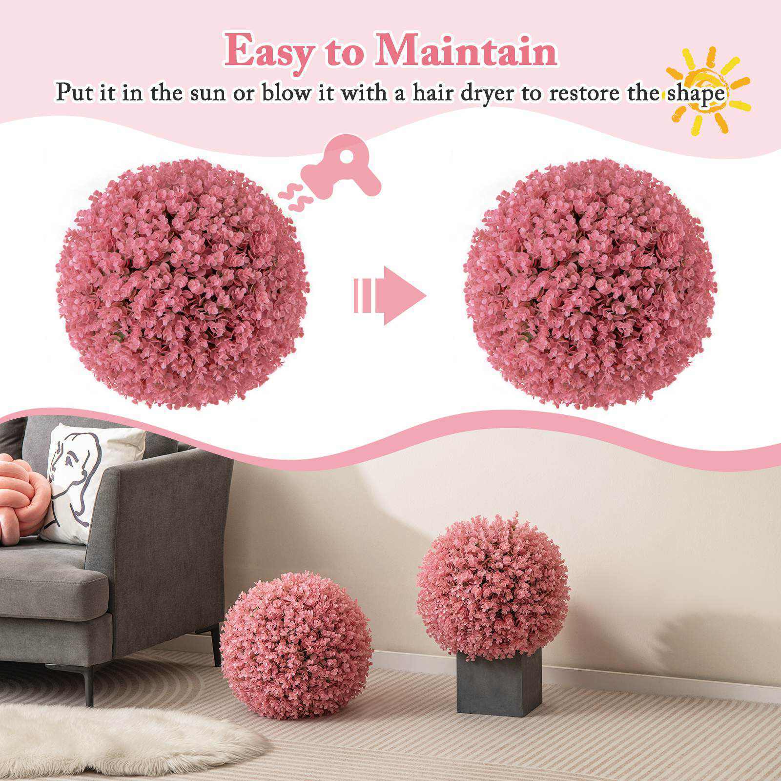 2 PCS Artificial Plant Topiary Balls Faux Eucalyptus Decoration 7 Layers Leaves