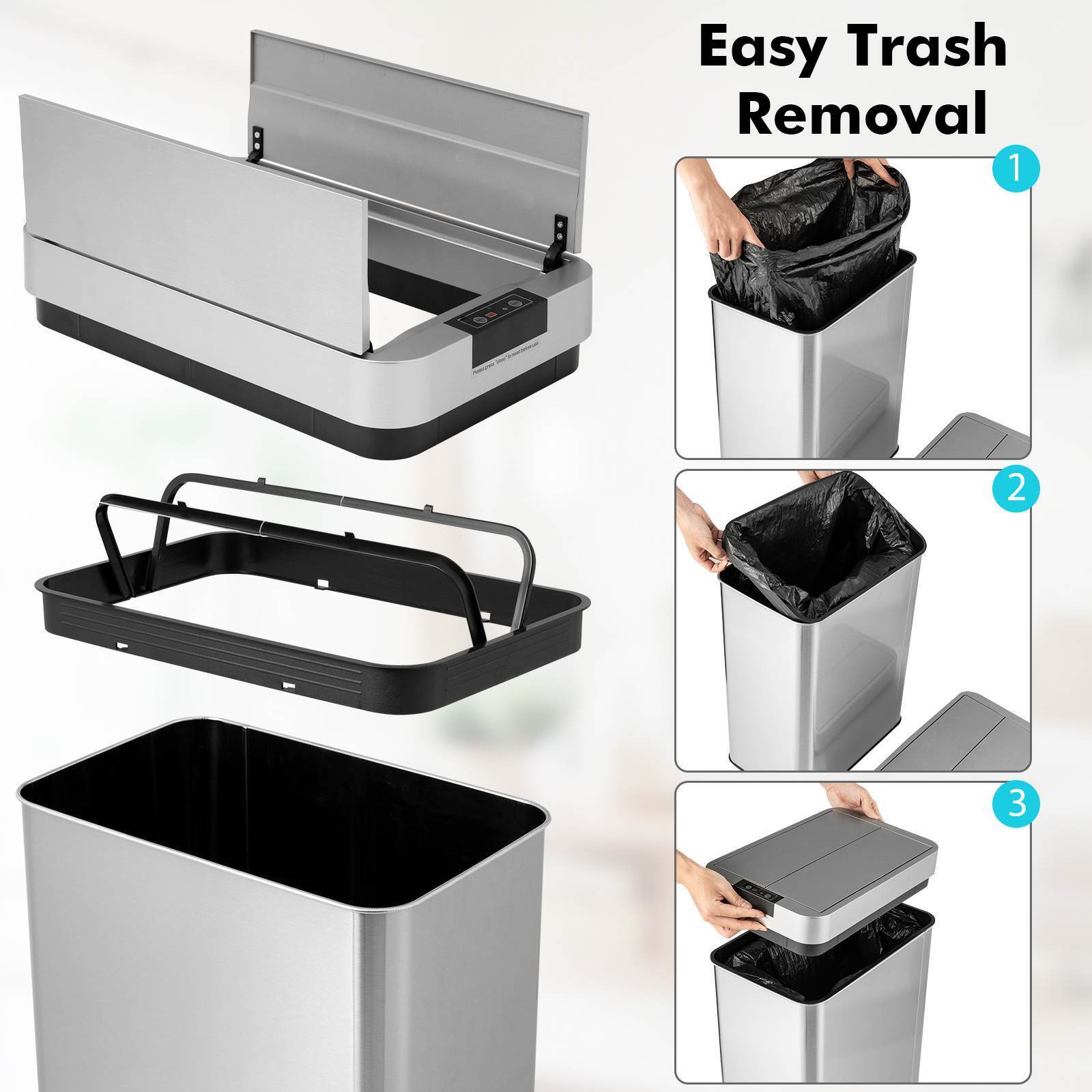 50L Slim Kitchen Trash Can w/ Wing Lids Stainless Automatic Sensor Garbage Can