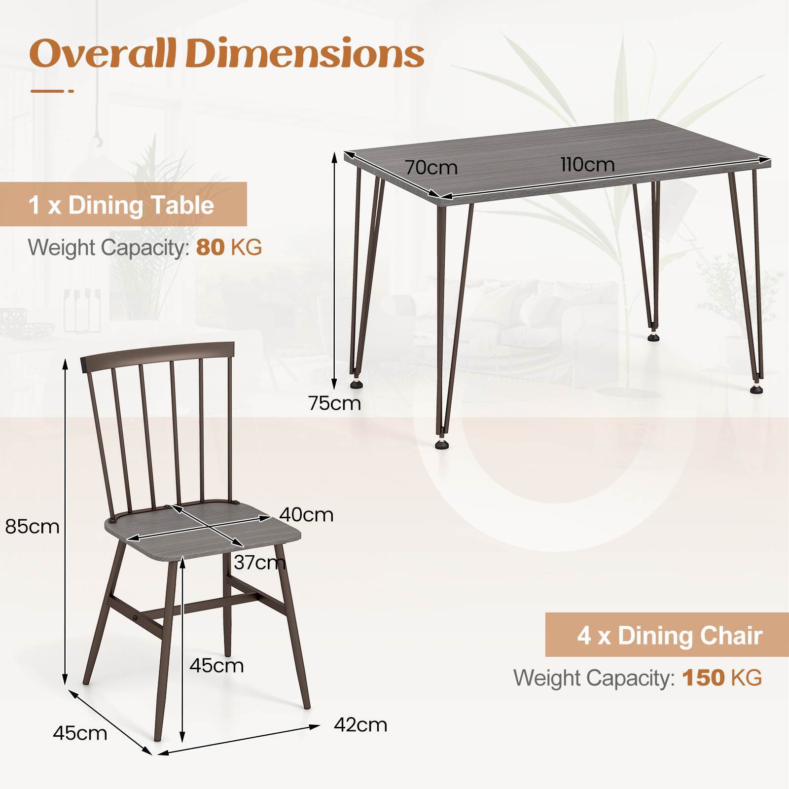 Giantex 5Pcs Dining Table Set for 4 Kitchen Dining Room Furniture w/Swivel Feet