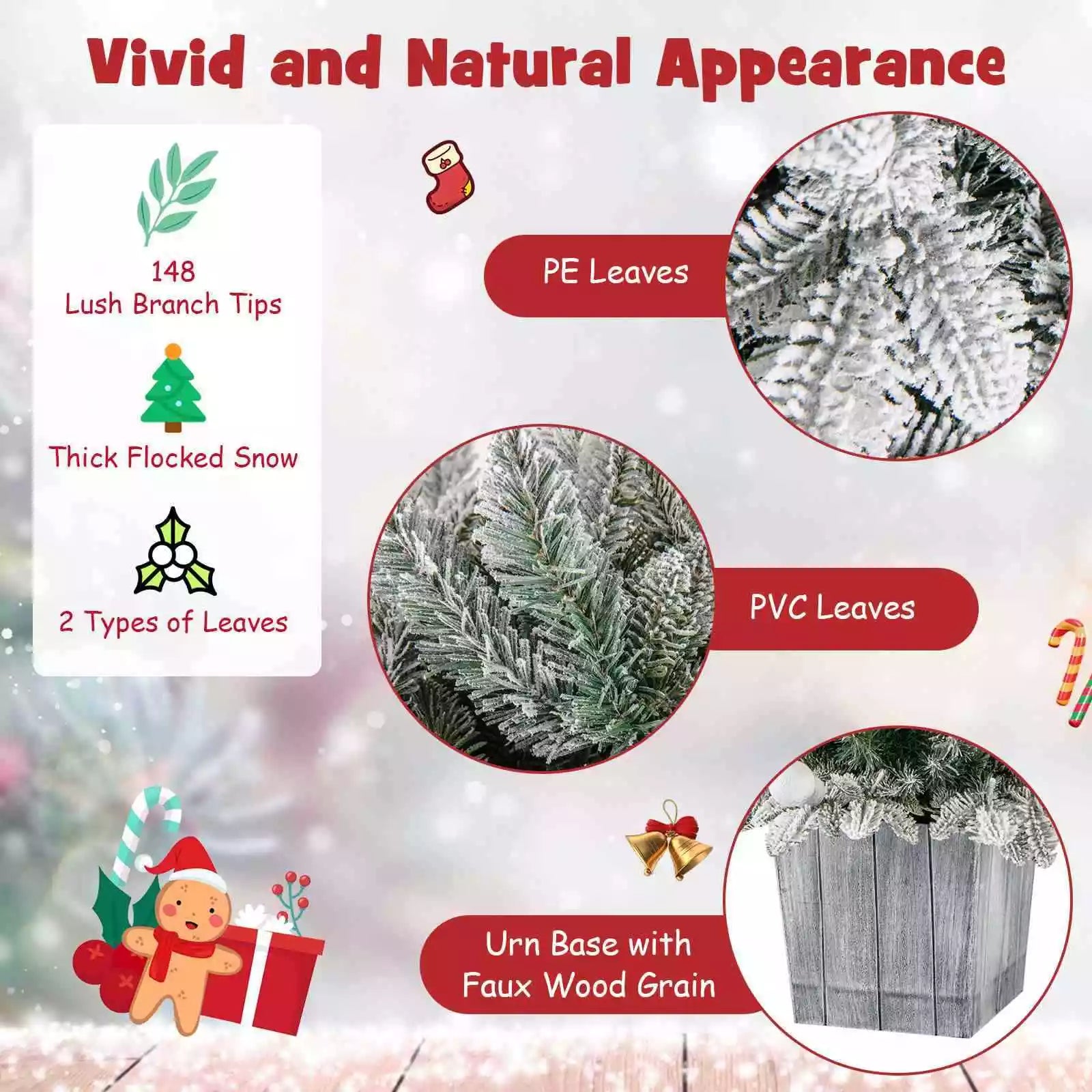 110CM Pre-Lit Snow Flocked Christmas Tree Potted Xmas Decor w/Globe Lights Home