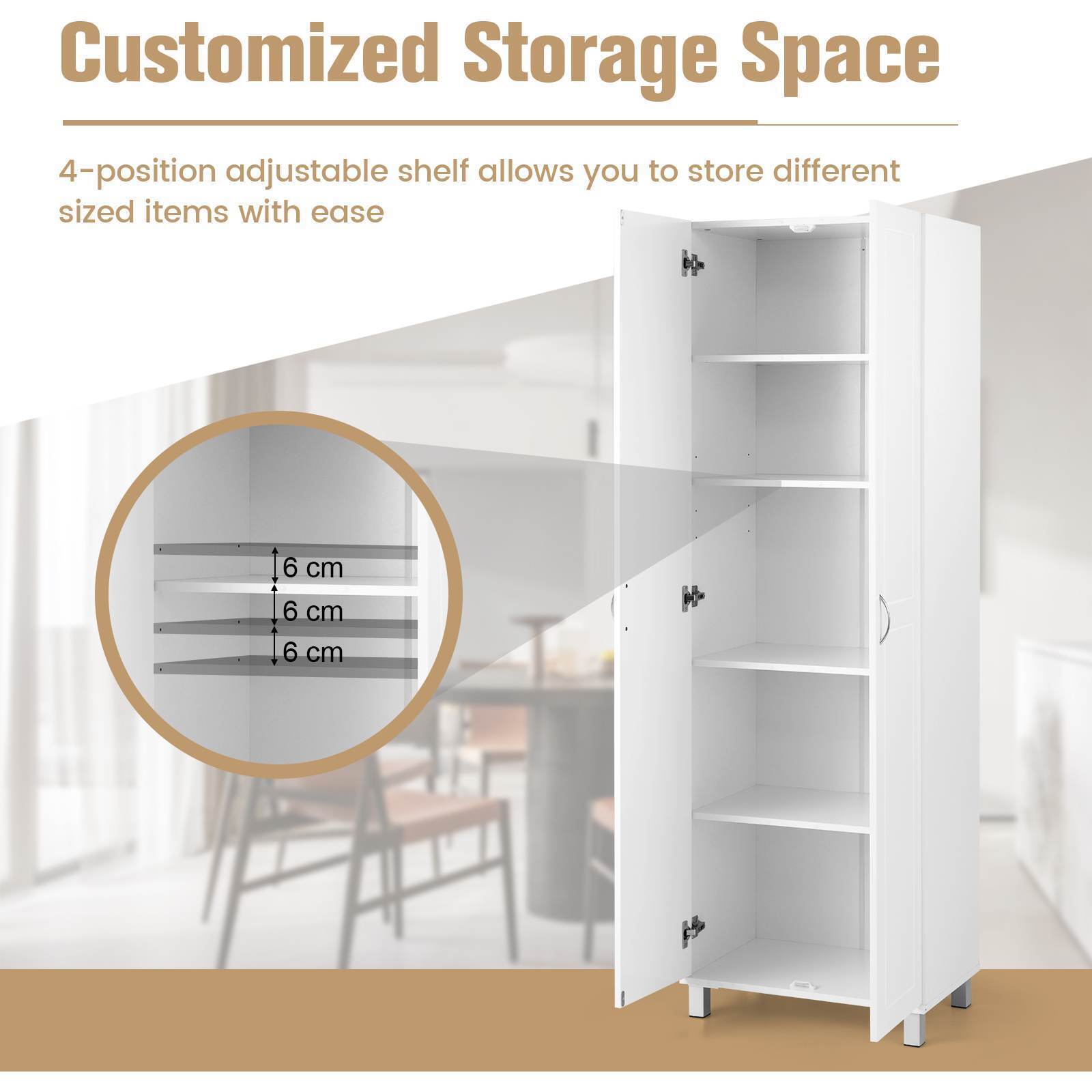 187 CM Double Door Tall Storage Cabinet Modern Utility Pantry Organizer White