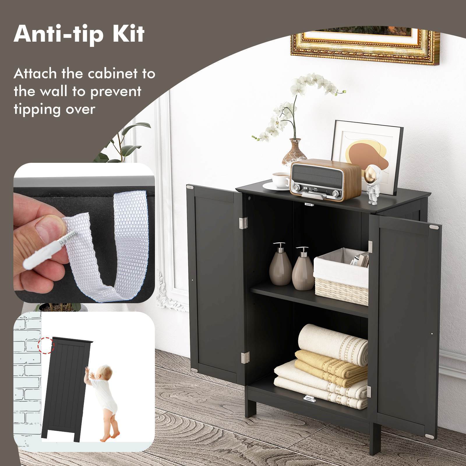 Bathroom Storage Cabinet 3-Tier Floor Cabinet w/ Double Doors Adjustable Shelf