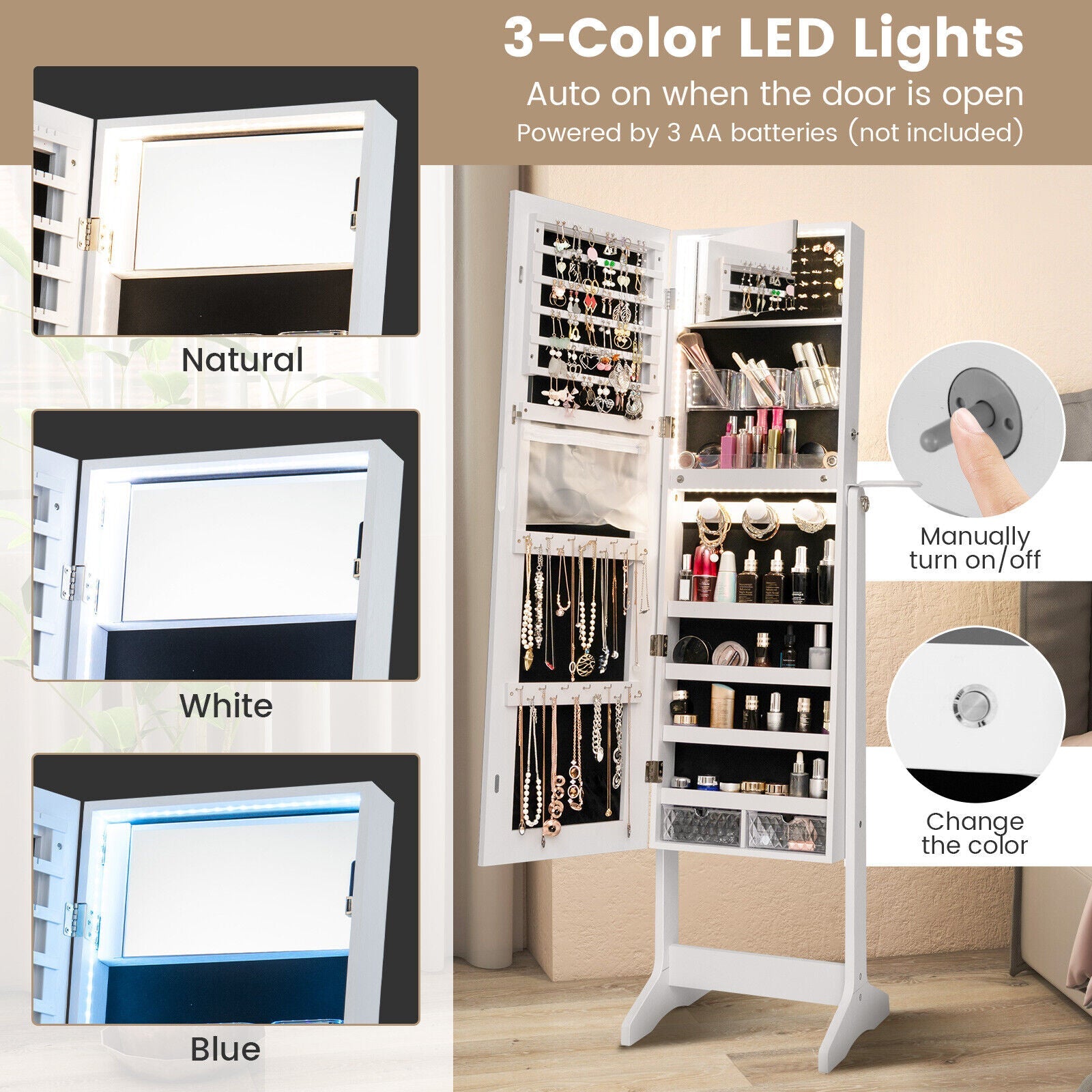 Freestanding Jewelry Cabinet Armoire Lockable Jewelry Organizer w/ LED Lights