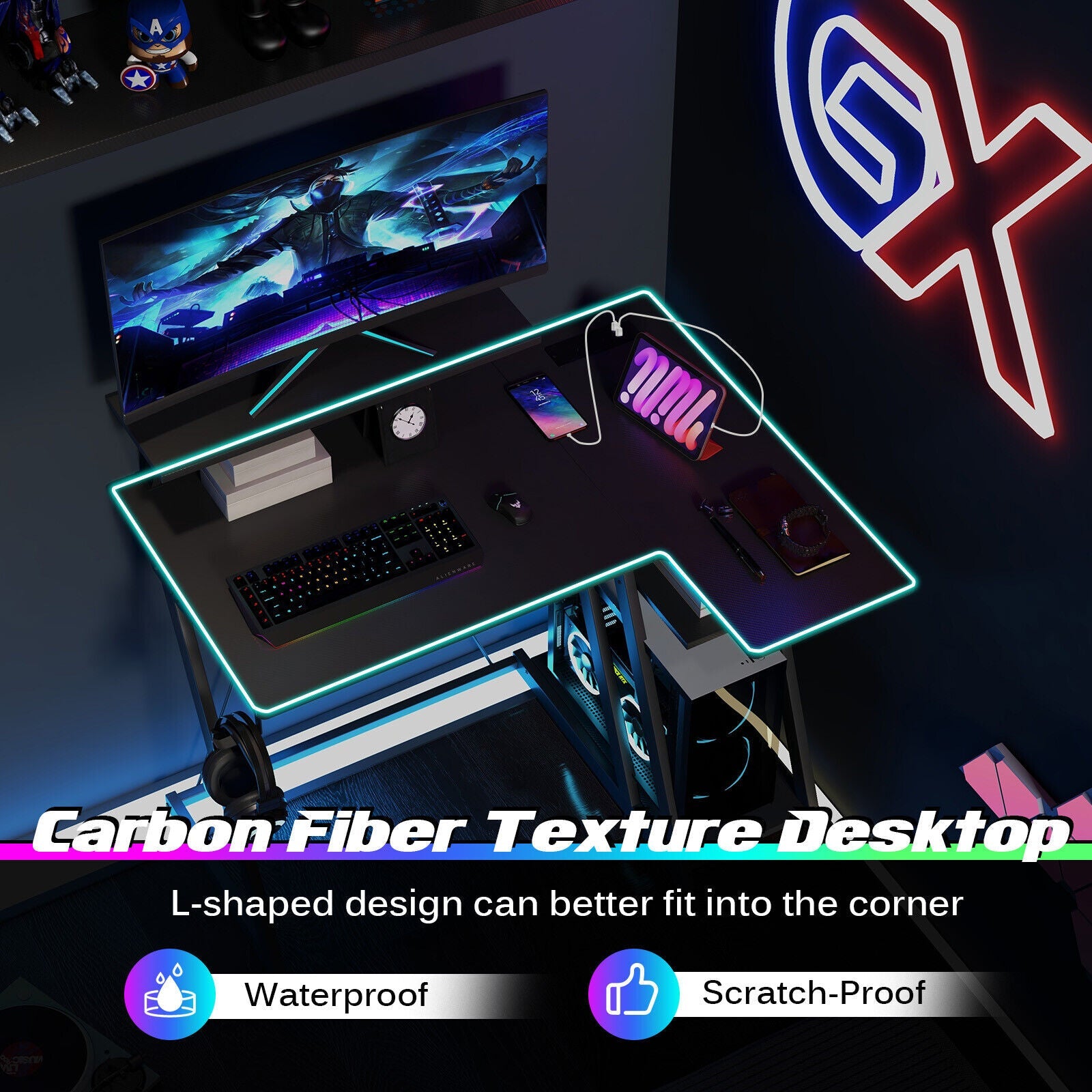 L Shaped Gaming Desk with Outlets & USB Ports Monitor Shelf Headphone Hook