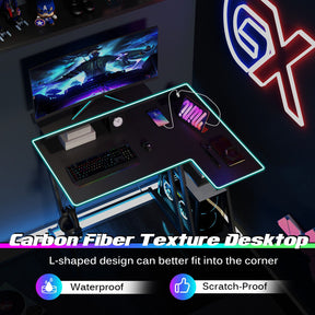 L Shaped Gaming Desk with Outlets & USB Ports Monitor Shelf Headphone Hook