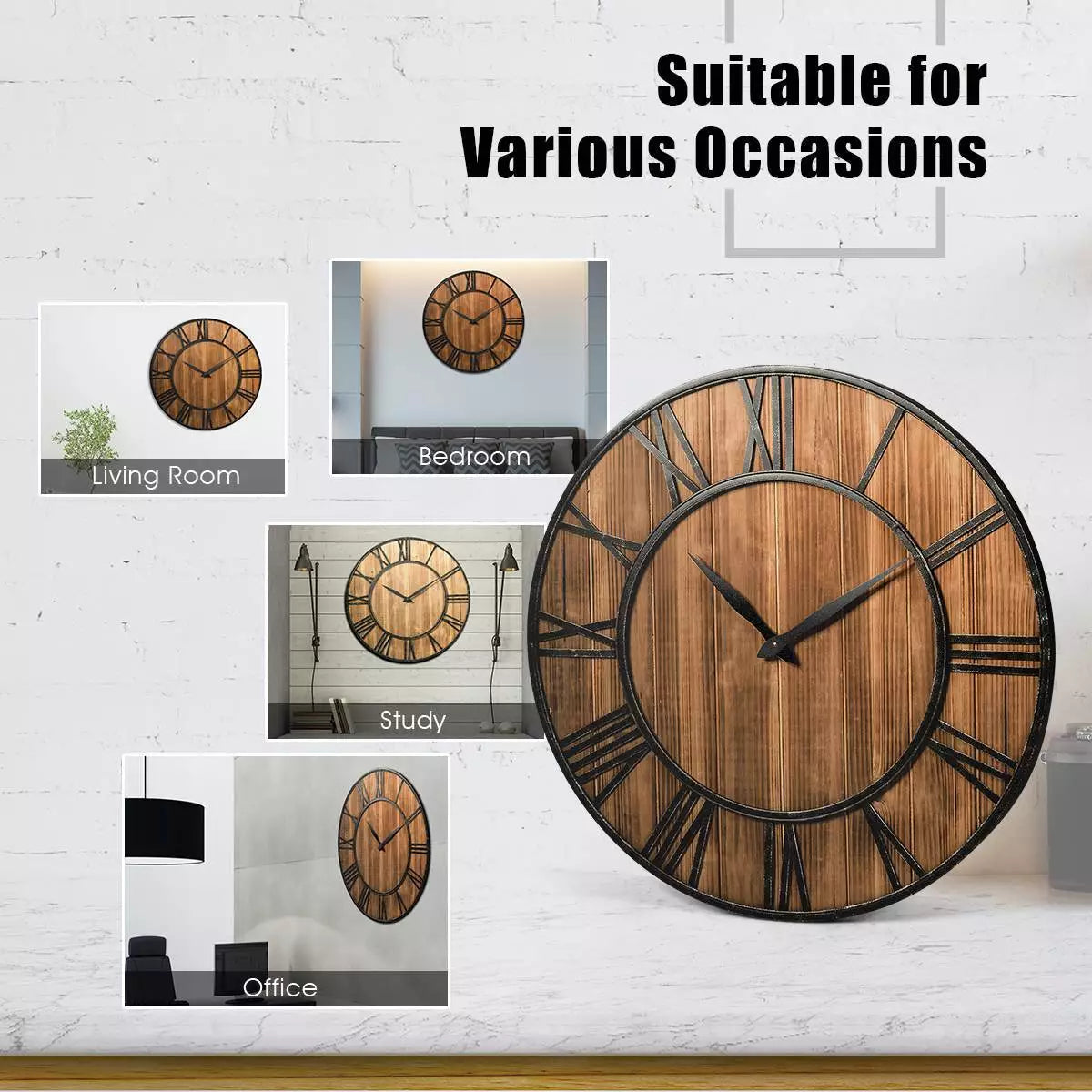 Round Wall Clock Decorative Retro Wooden Wall Clock w/ Large Roman Numerals