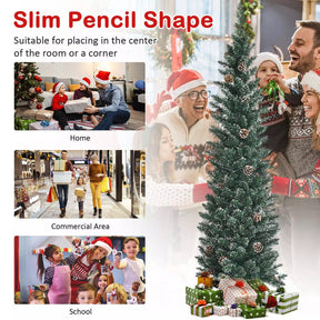1.5 m/1.8 m/2.1m Artificial Slim Christmas Tree W/ Pine Cones & Snowy Branch Tips