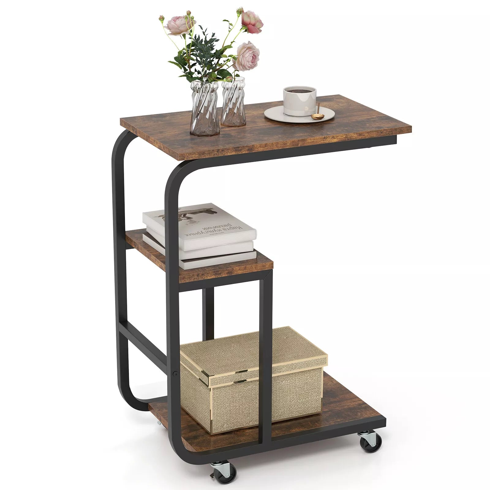 C-Shaped End Table Industrial Sofa Side Table Couch Table w/ Open Shelves