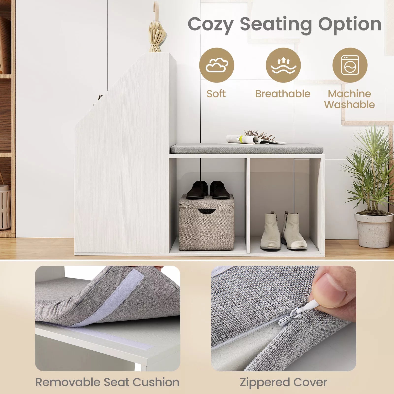 Shoe Storage Bench w/ Removable Seat Cushion Entryway Bench Shoe Rack Bench