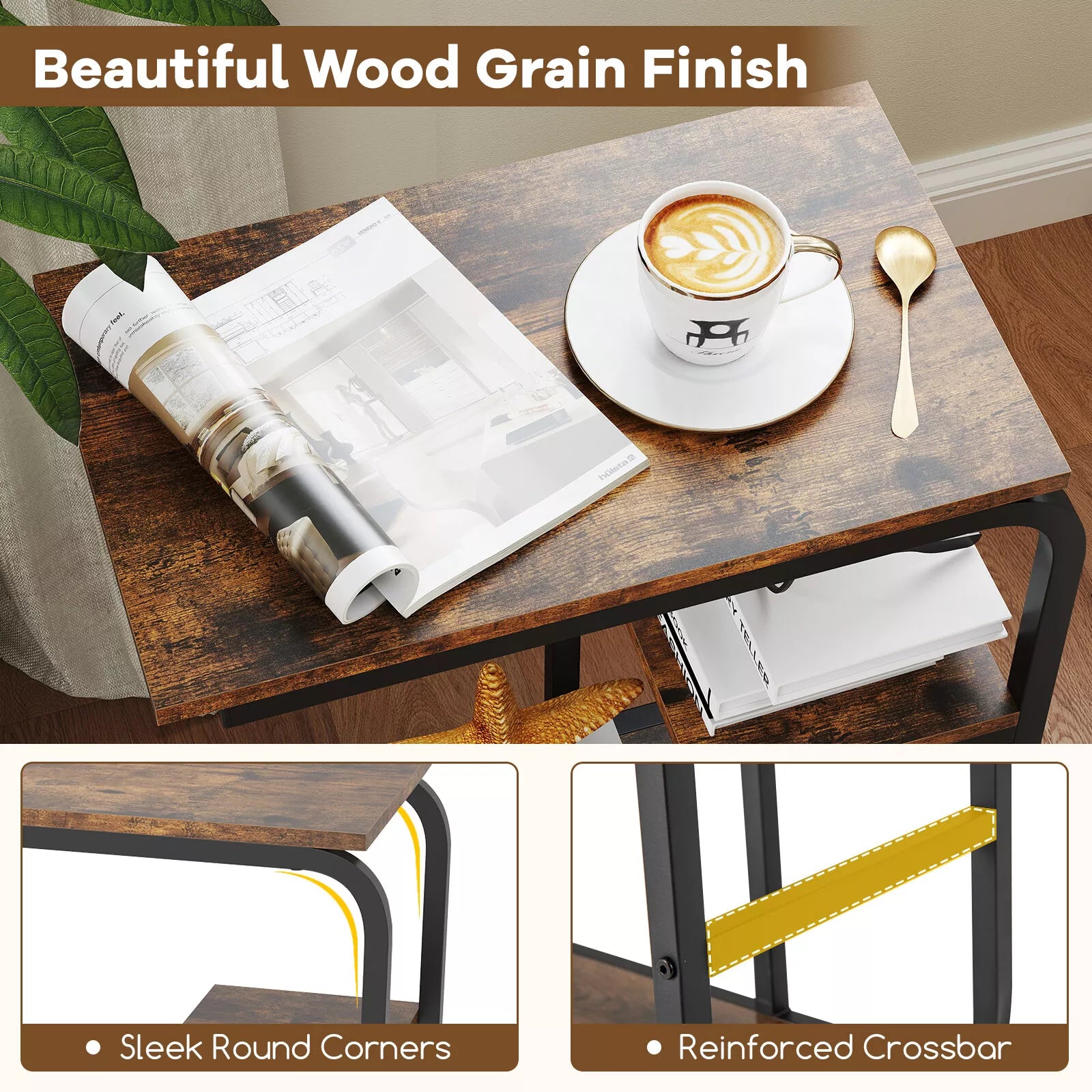 C-Shaped End Table Industrial Sofa Side Table Couch Table w/ Open Shelves