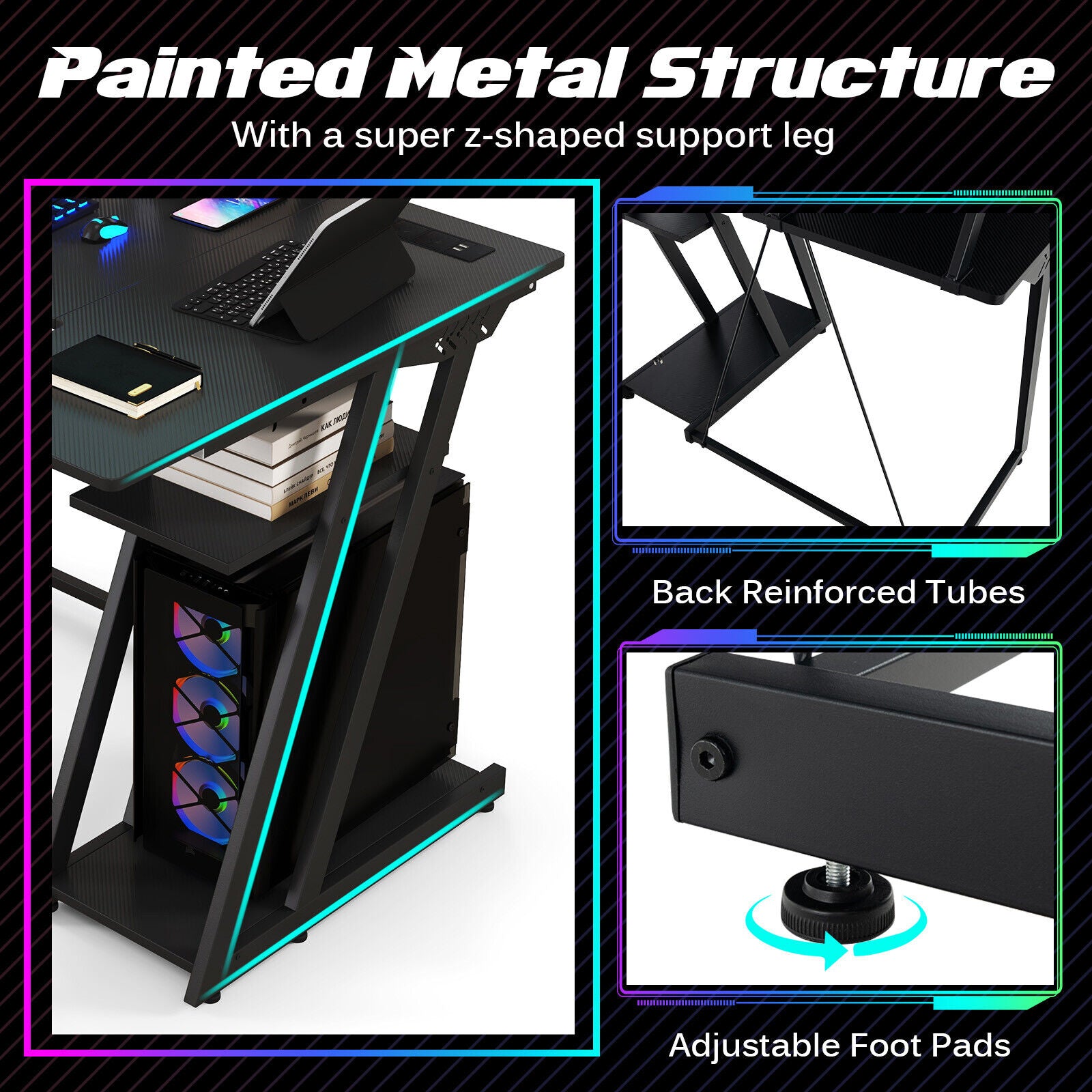 L Shaped Gaming Desk with Outlets & USB Ports Monitor Shelf Headphone Hook
